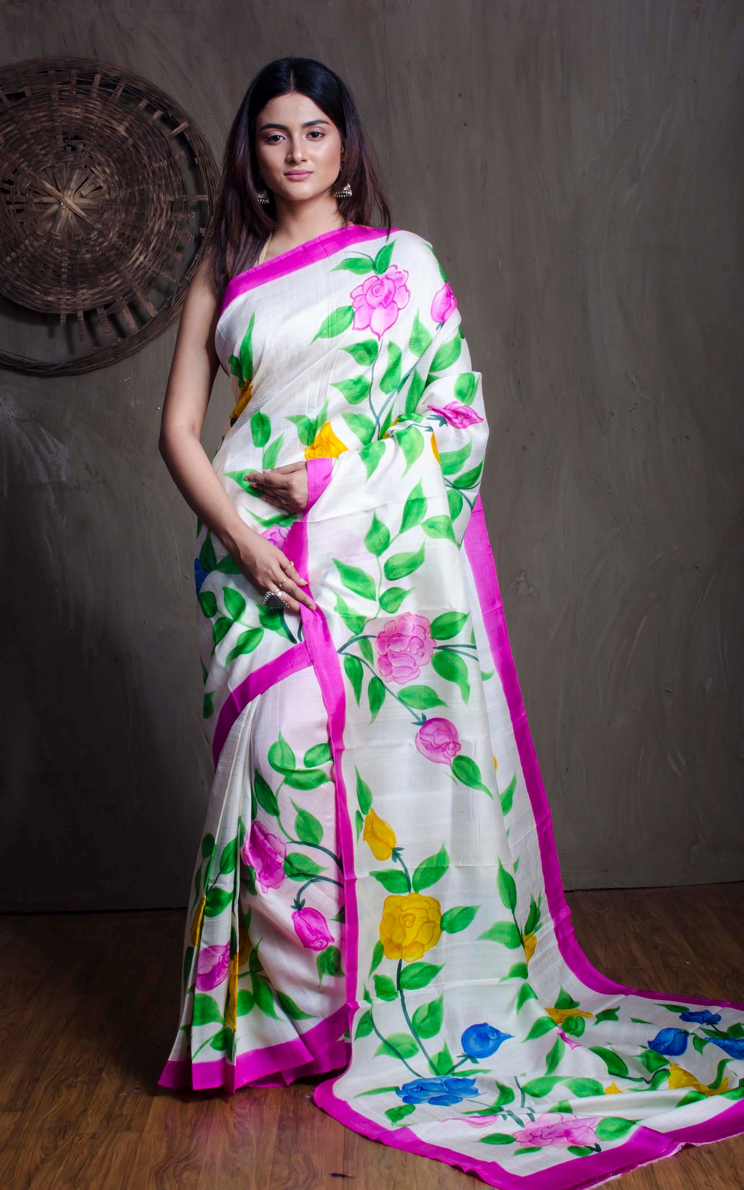 Floral Printed Pure Silk Saree in Off White and Pink