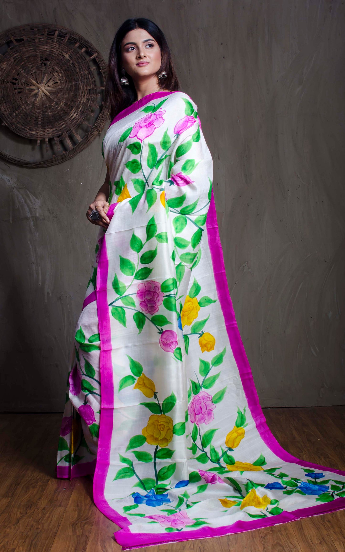 Floral Printed Pure Silk Saree in Off White and Pink