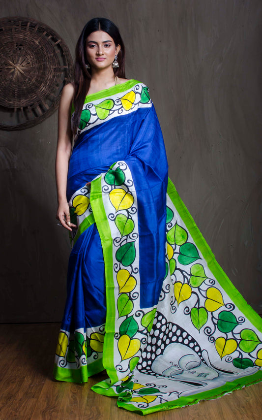 Printed Pure Silk Saree in Blue and Green - Bengal Looms India