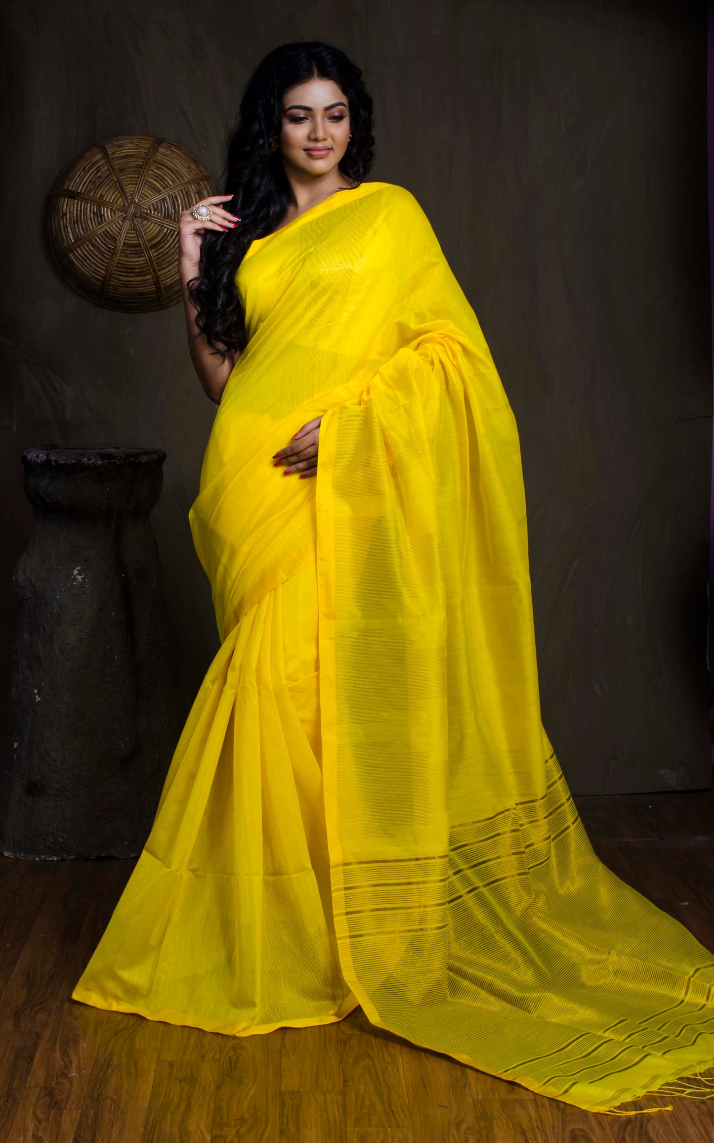 Handwoven Crowned Temple Border Soft Cotton Kanjivaram Saree in Bright Yellow