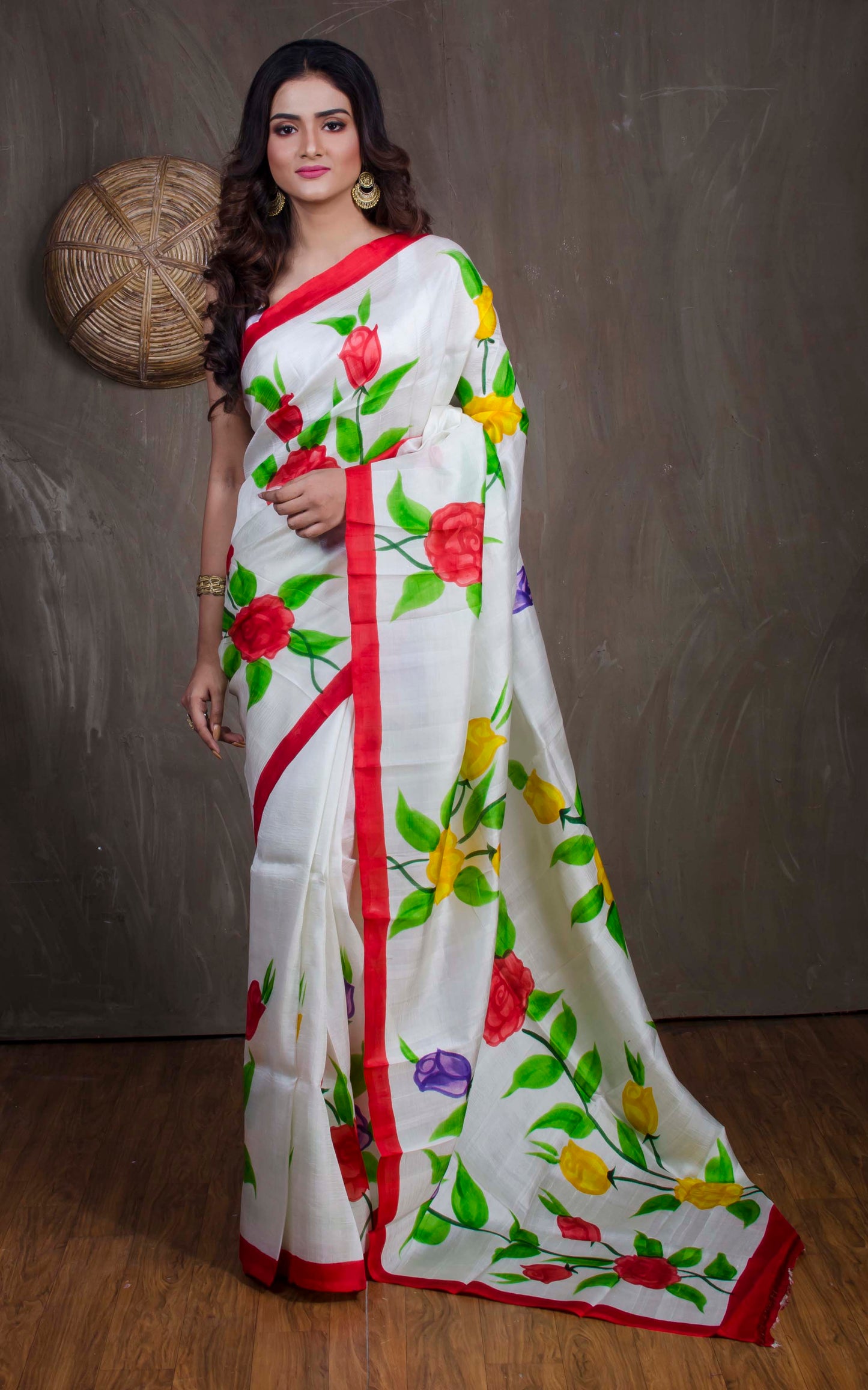 Printed Pure Silk Saree in Off White and Red - Bengal Looms India