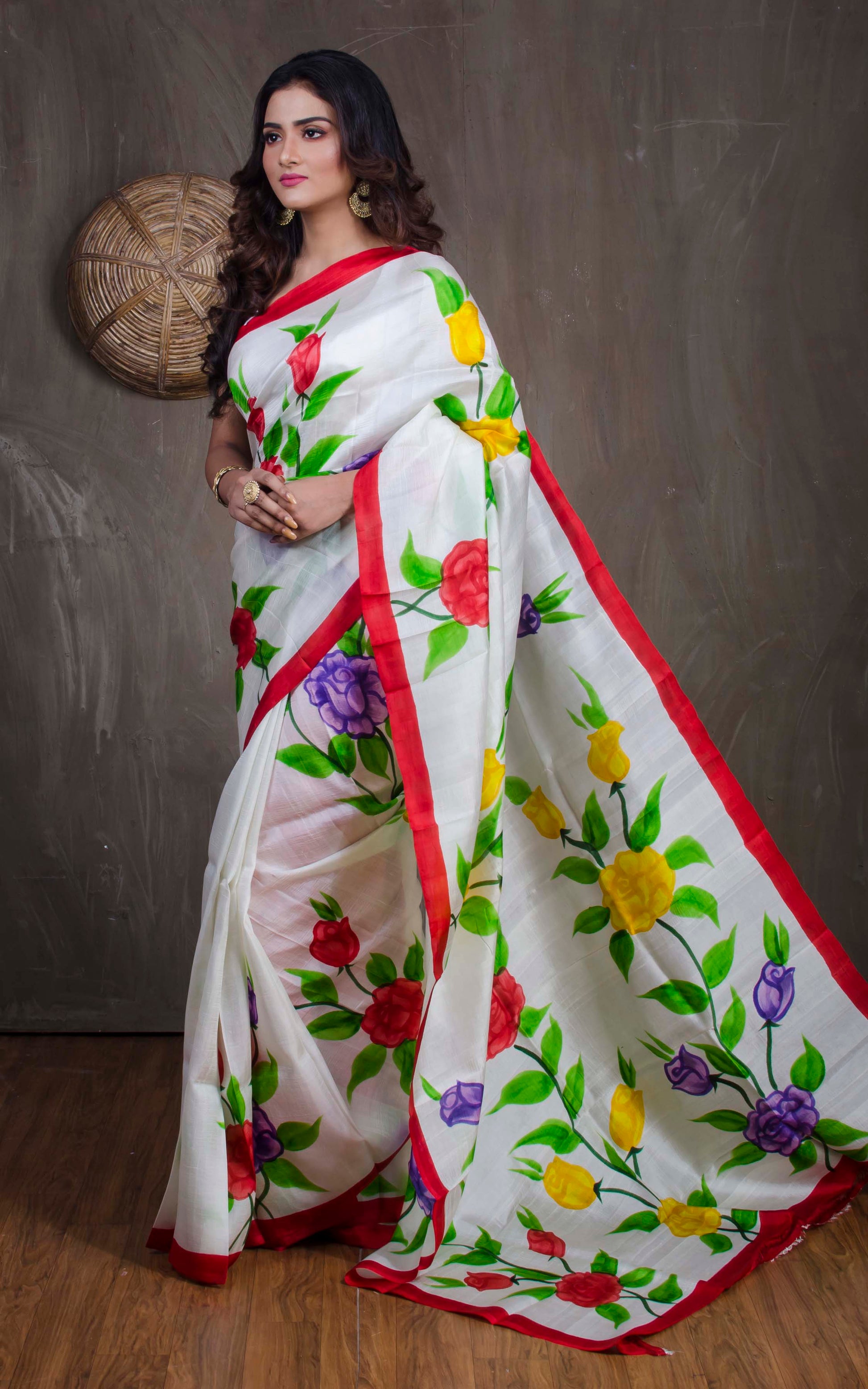 Printed Pure Silk Saree in Off White and Red - Bengal Looms India