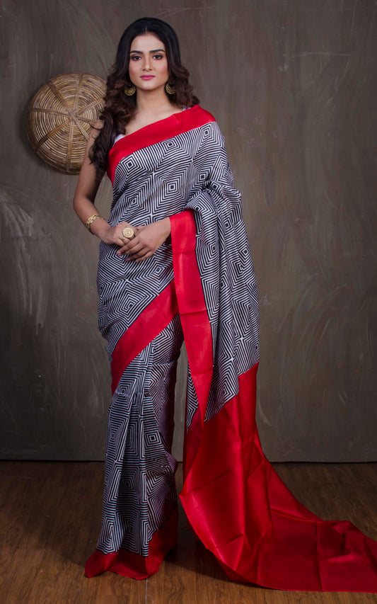 Printed Pure Silk Saree in Black and Red - Bengal Looms India