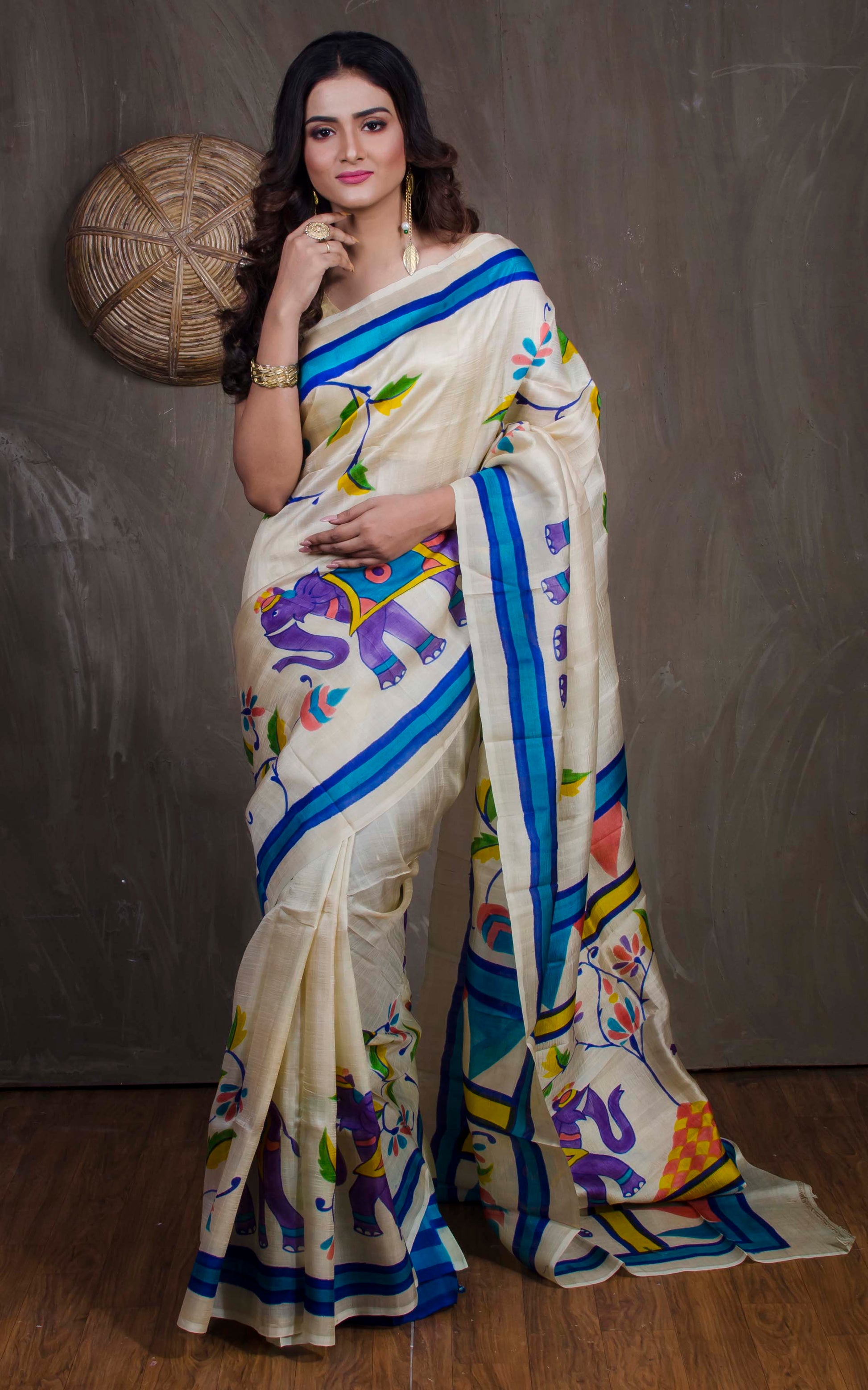 Printed Pure Silk Saree in Off White - Bengal Looms India