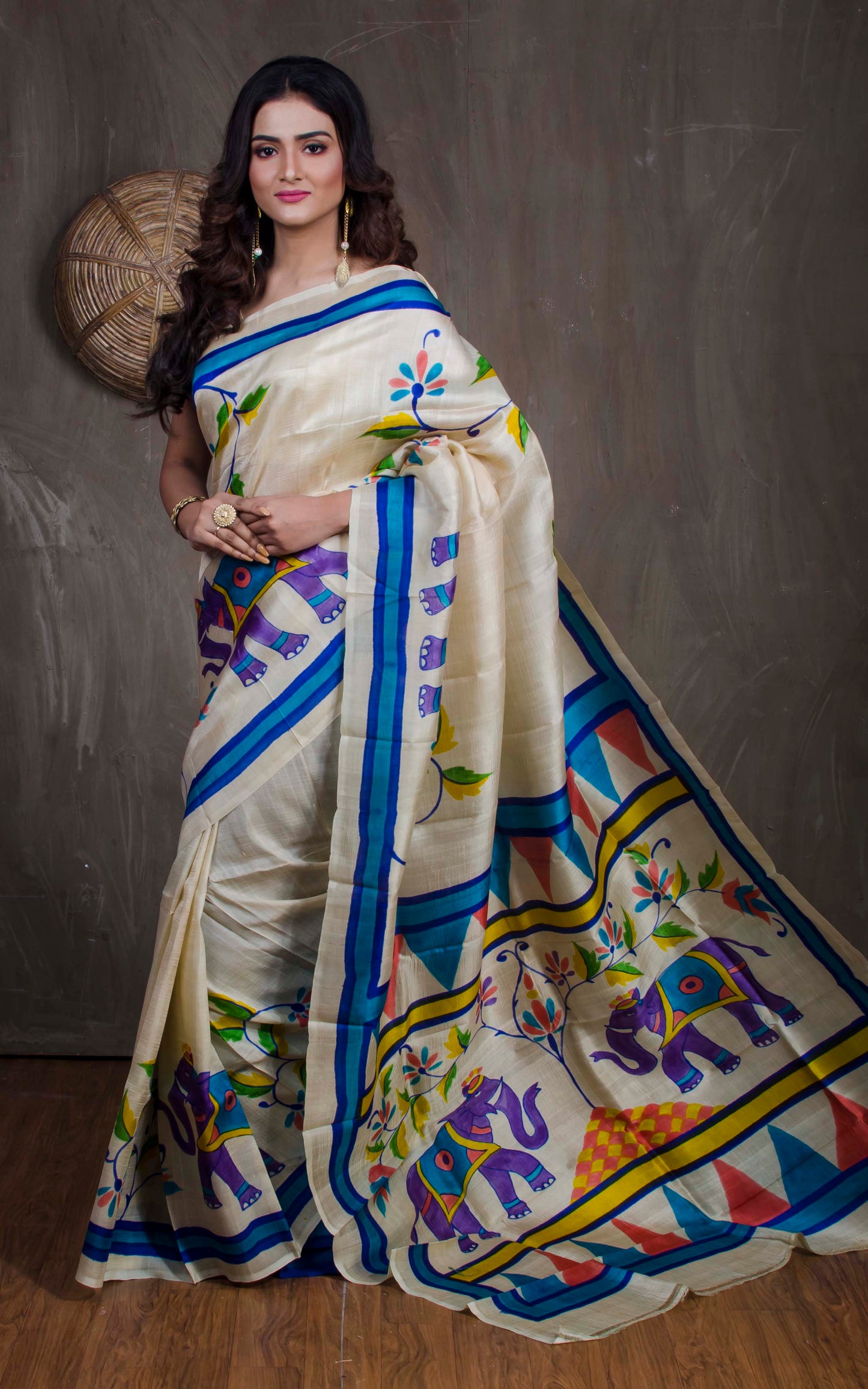 Printed Pure Silk Saree in Off White - Bengal Looms India