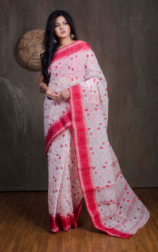 Bengal Handloom Cotton Saree with Floral Jaal Embroidery Work in White and Red