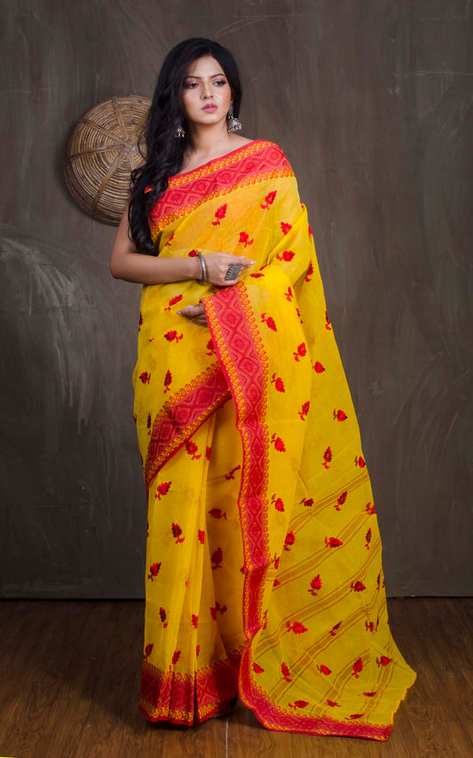 Bengal Handloom Cotton Saree with Leaf Motif Embroidery Work in Yellow and Red