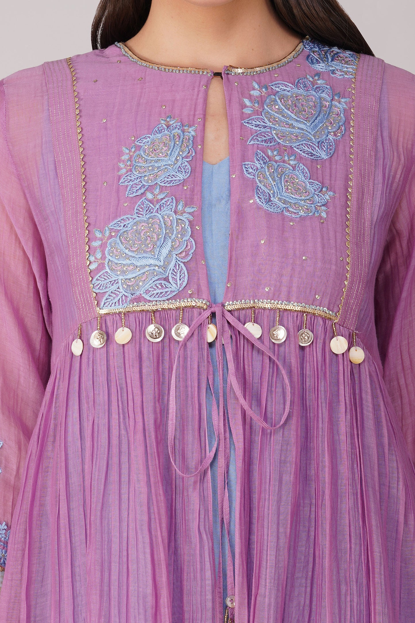 Purple Starry Rose Gathered Jacket-Kurta Set