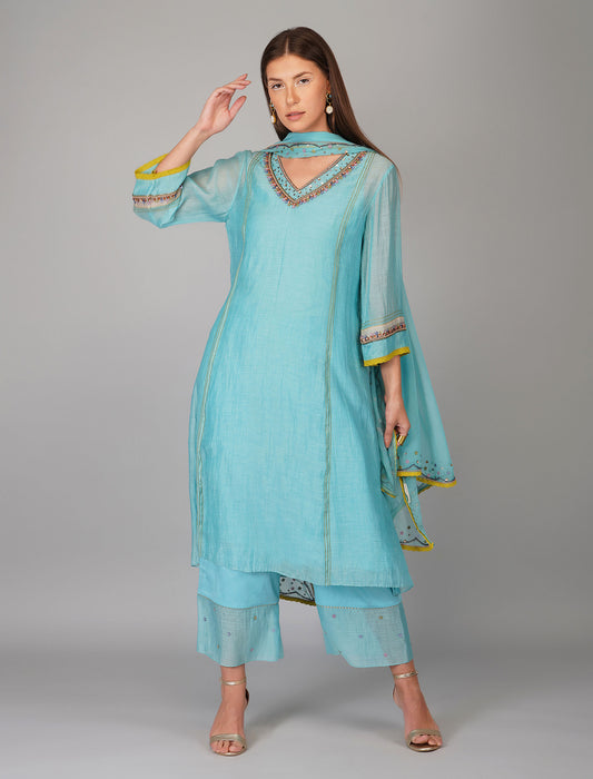 Sequin Flower Turquoise Blue Kurta Set