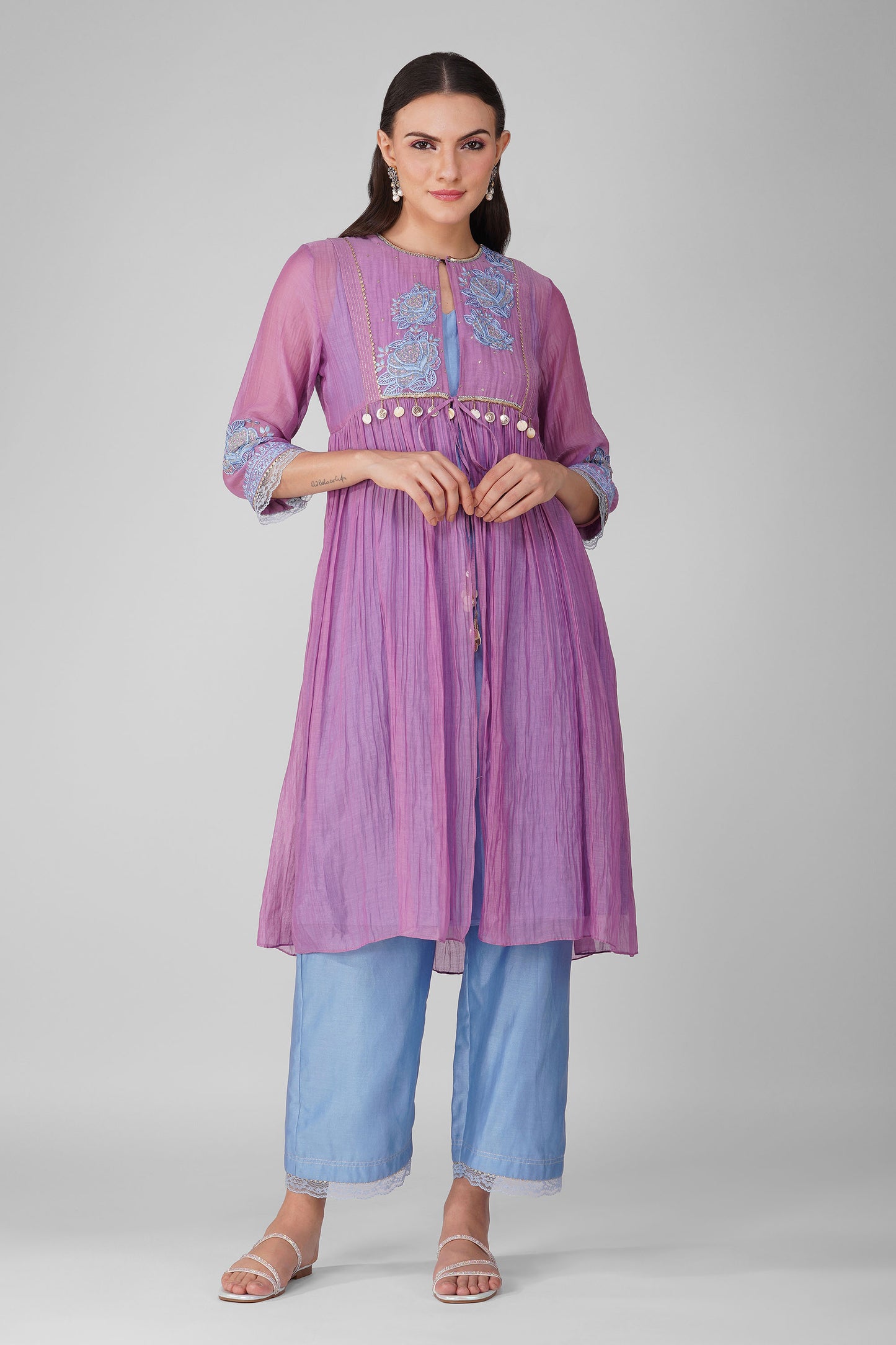 Purple Starry Rose Gathered Jacket-Kurta Set