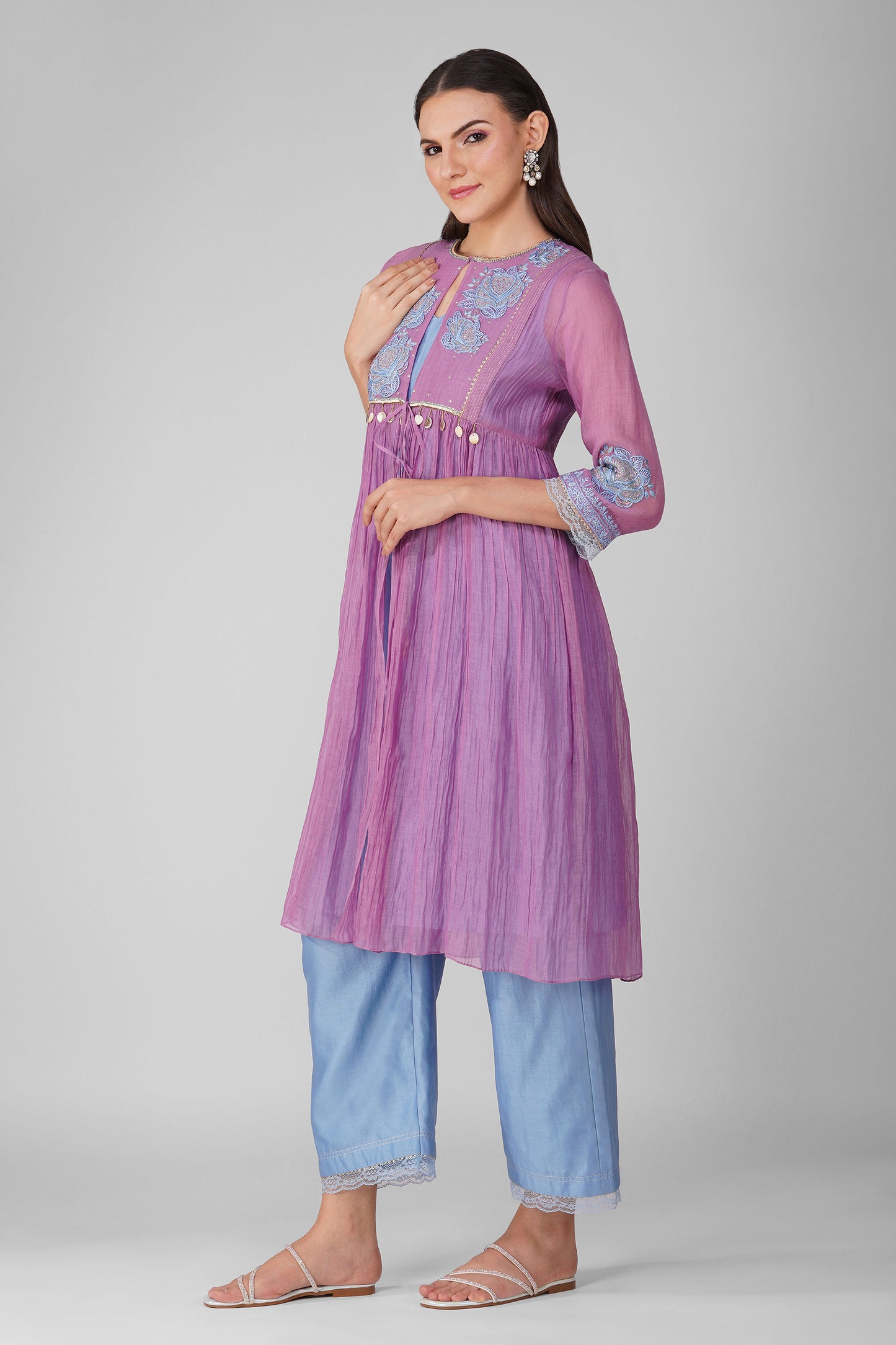 Purple Starry Rose Gathered Jacket-Kurta Set