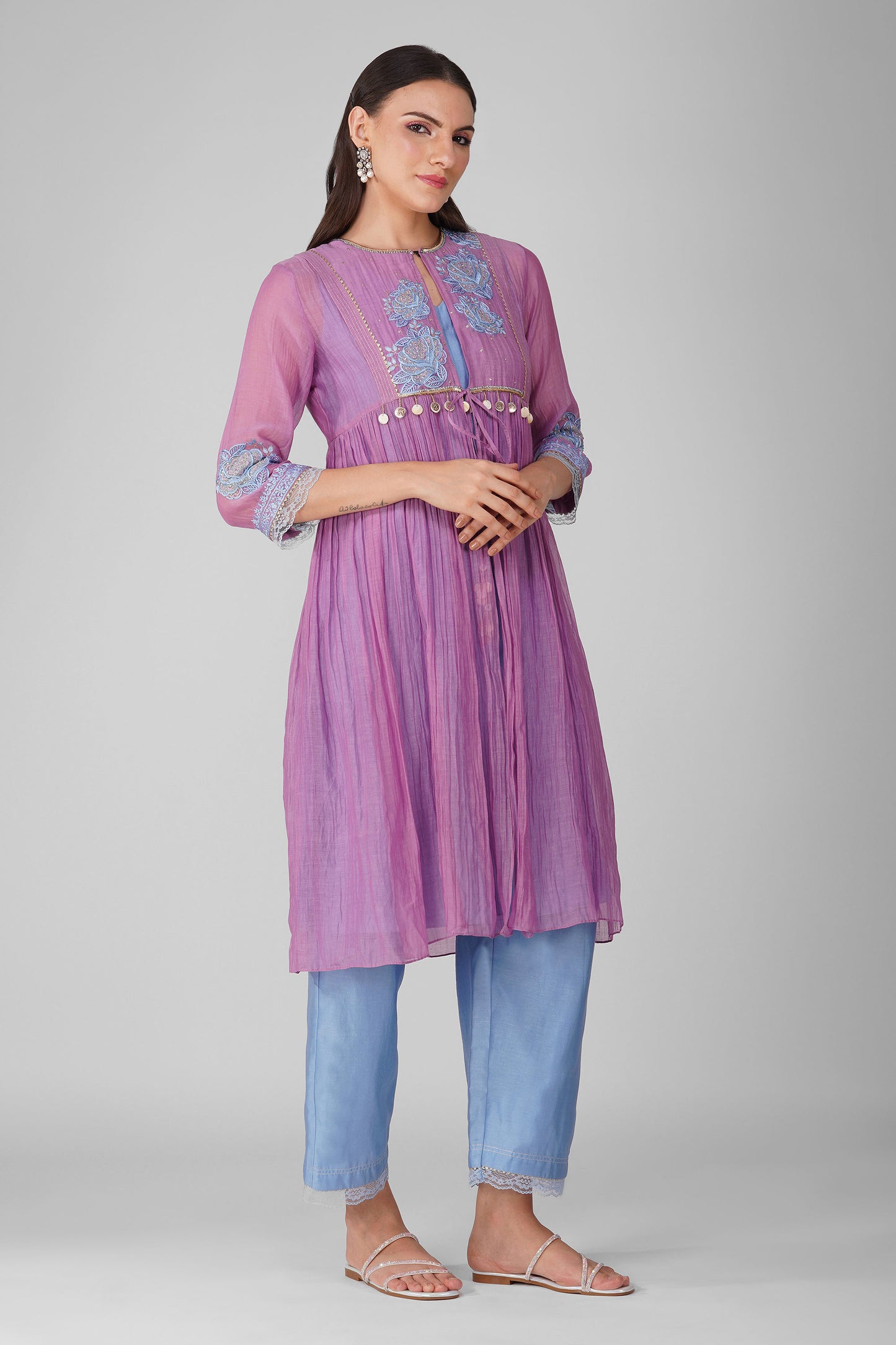 Purple Starry Rose Gathered Jacket-Kurta Set