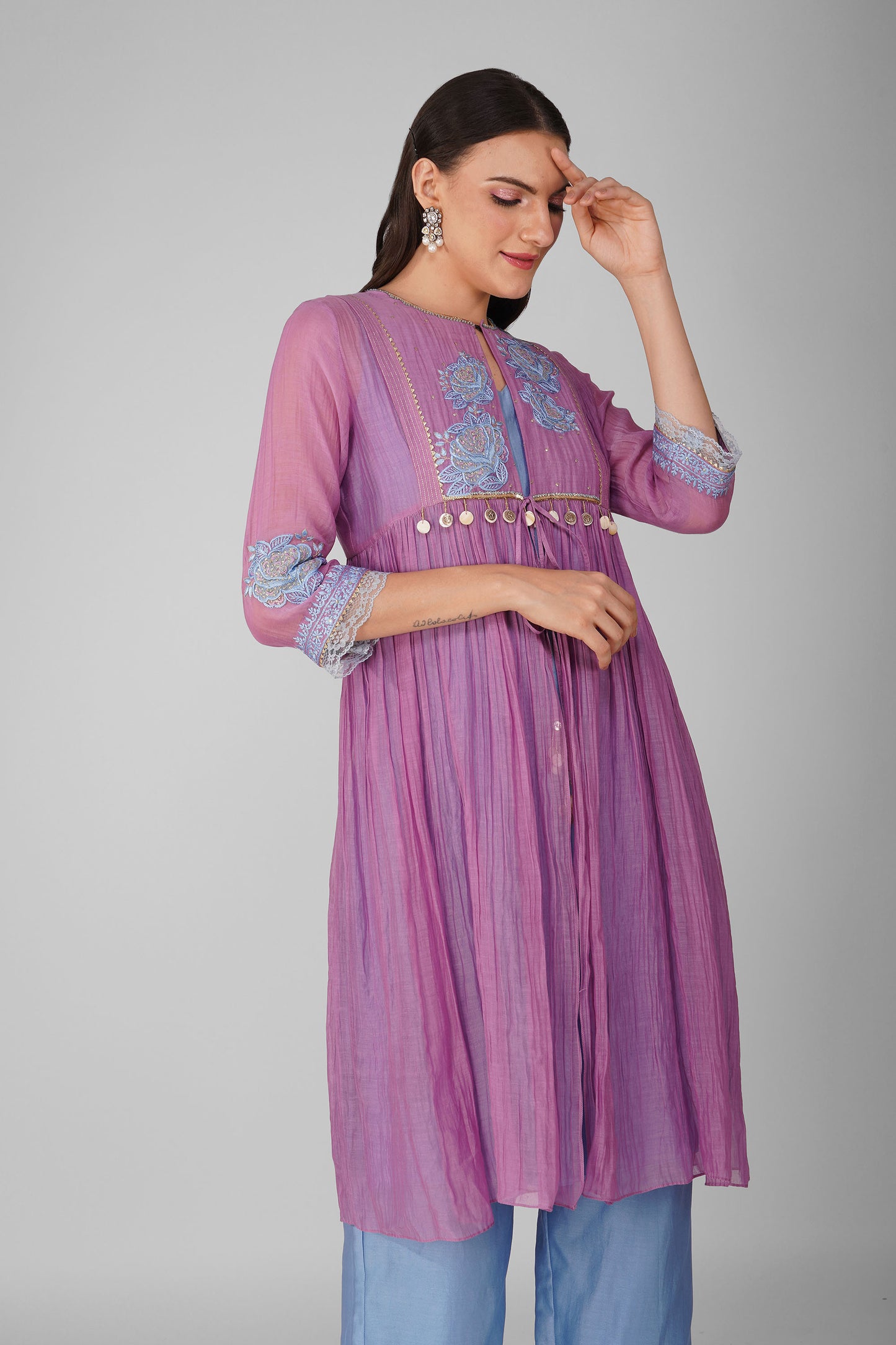 Purple Starry Rose Gathered Jacket-Kurta Set