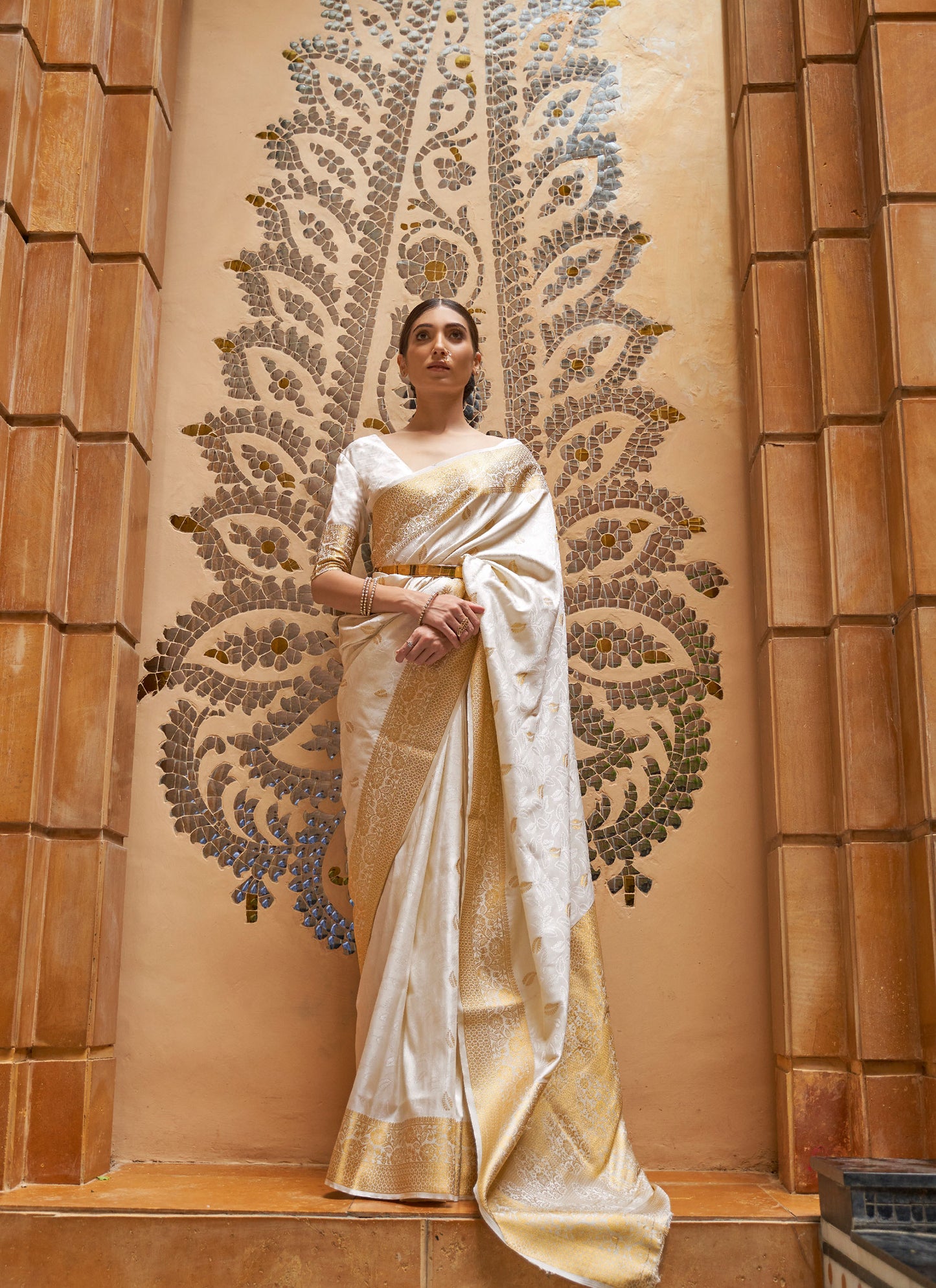 White Kalandi Kanjivaram Silk Saree