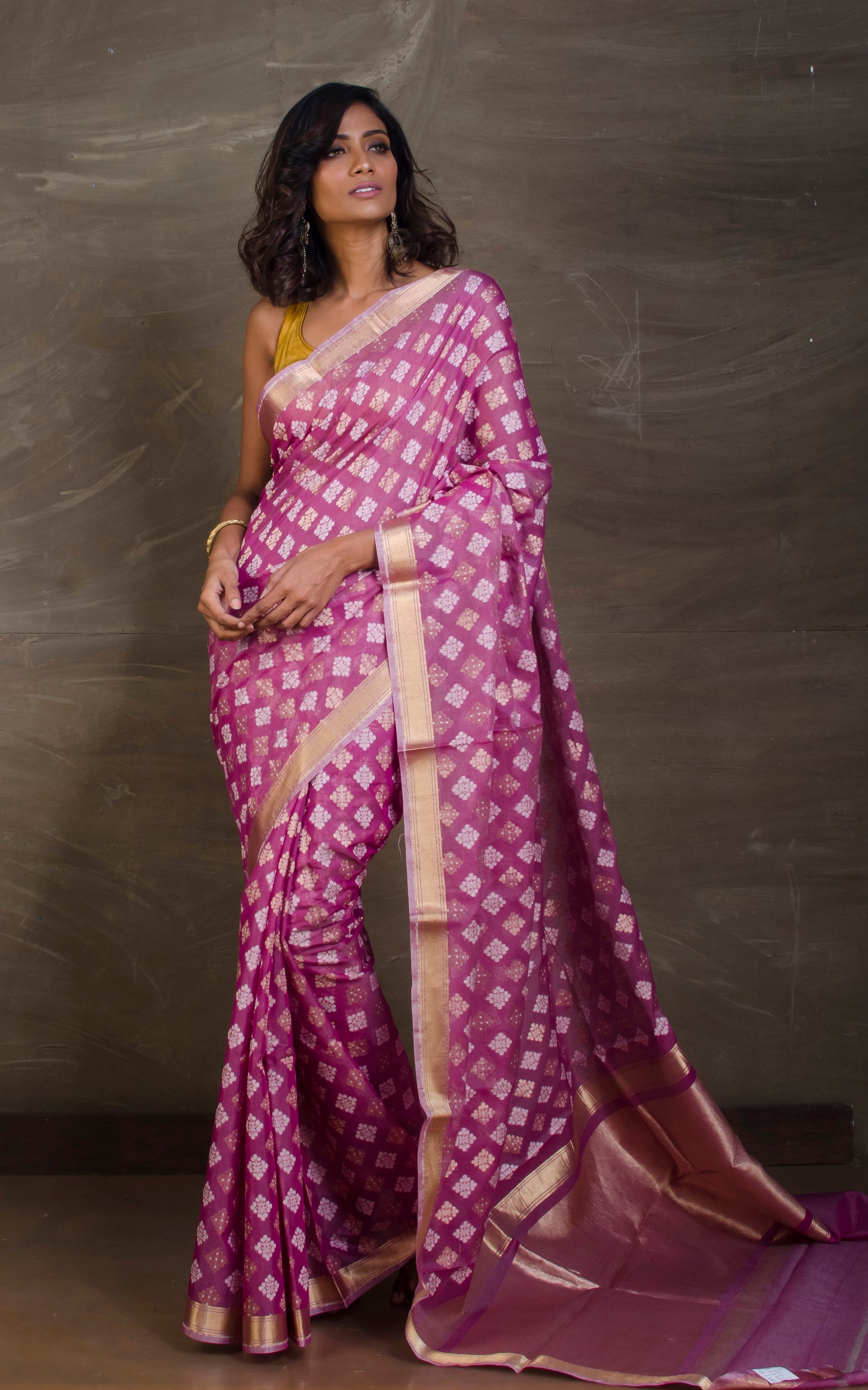 Resham Cotton Banarasi Jamdani Saree in Purple, Off White and Matt Gold