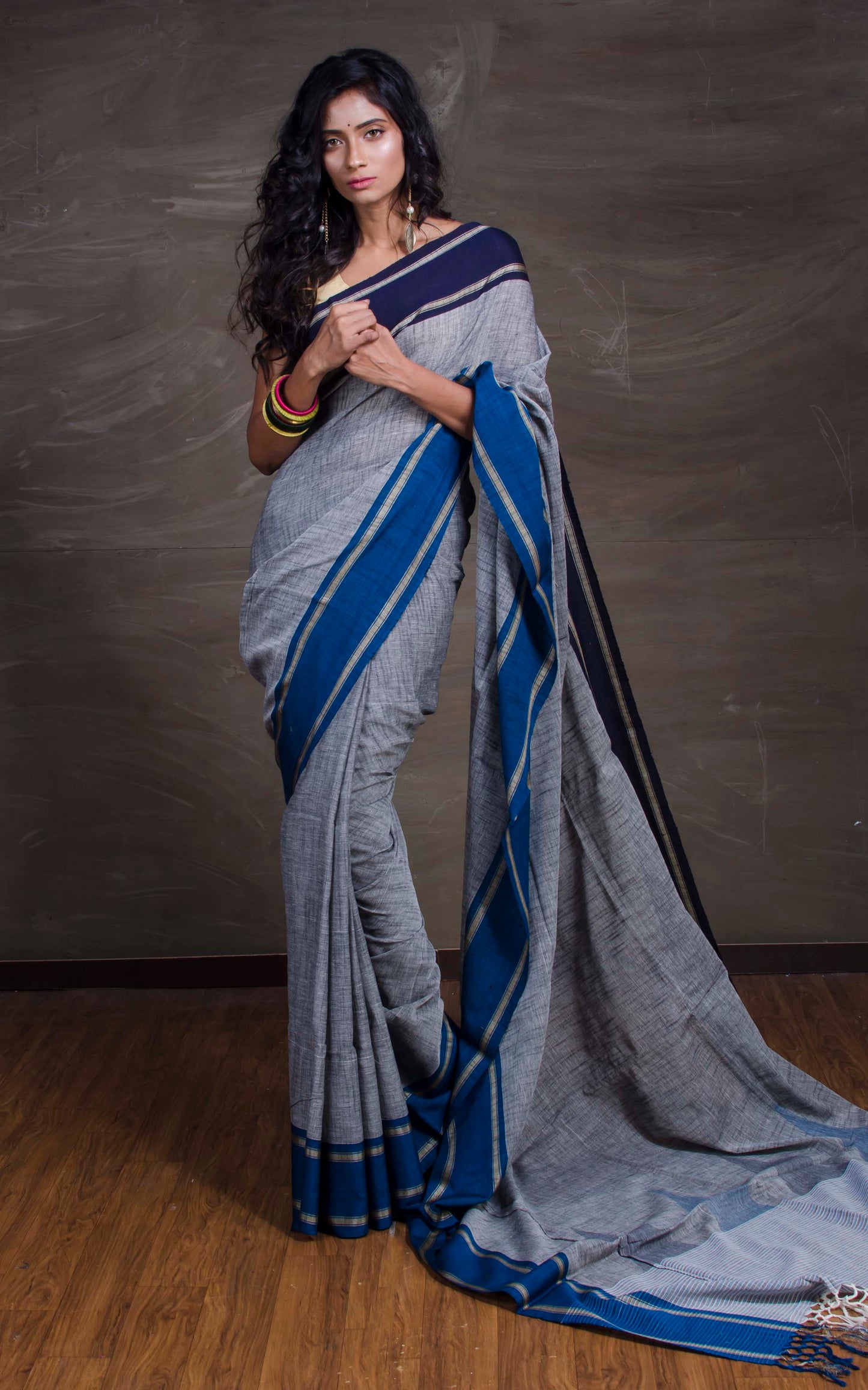 Khadi Cotton Saree with Ganga Jamuna Border in Grey and Blue - Bengal Looms India