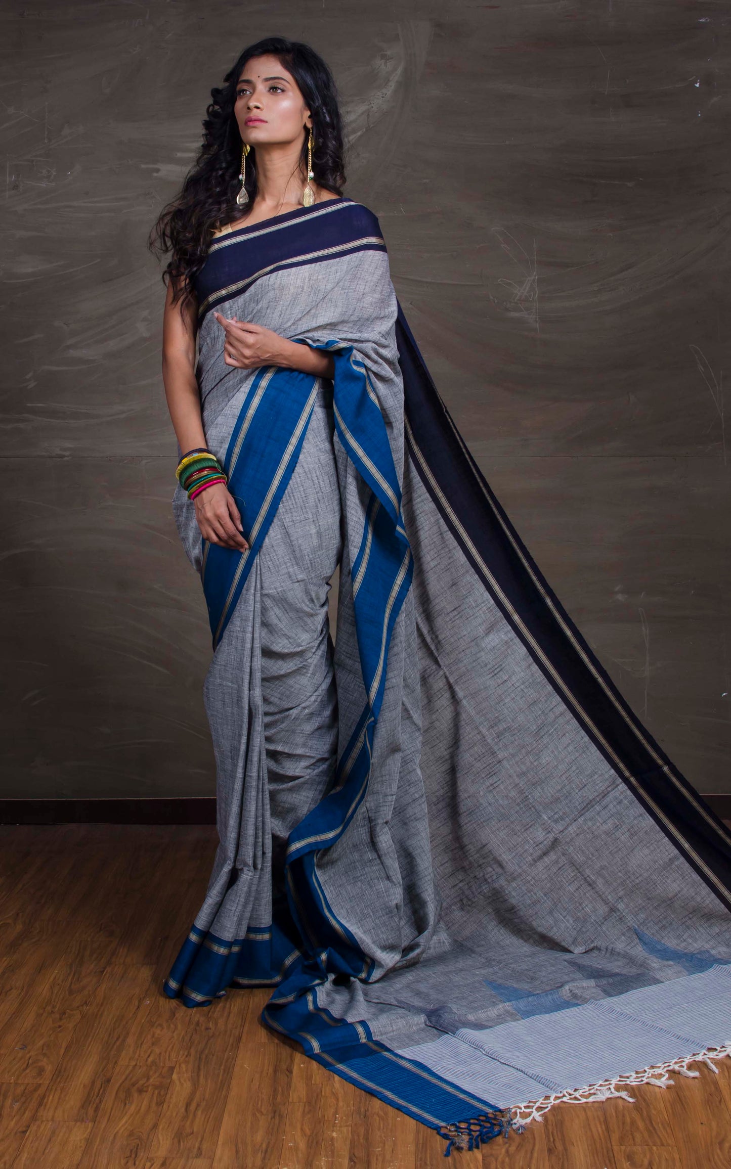 Khadi Cotton Saree with Ganga Jamuna Border in Grey and Blue - Bengal Looms India