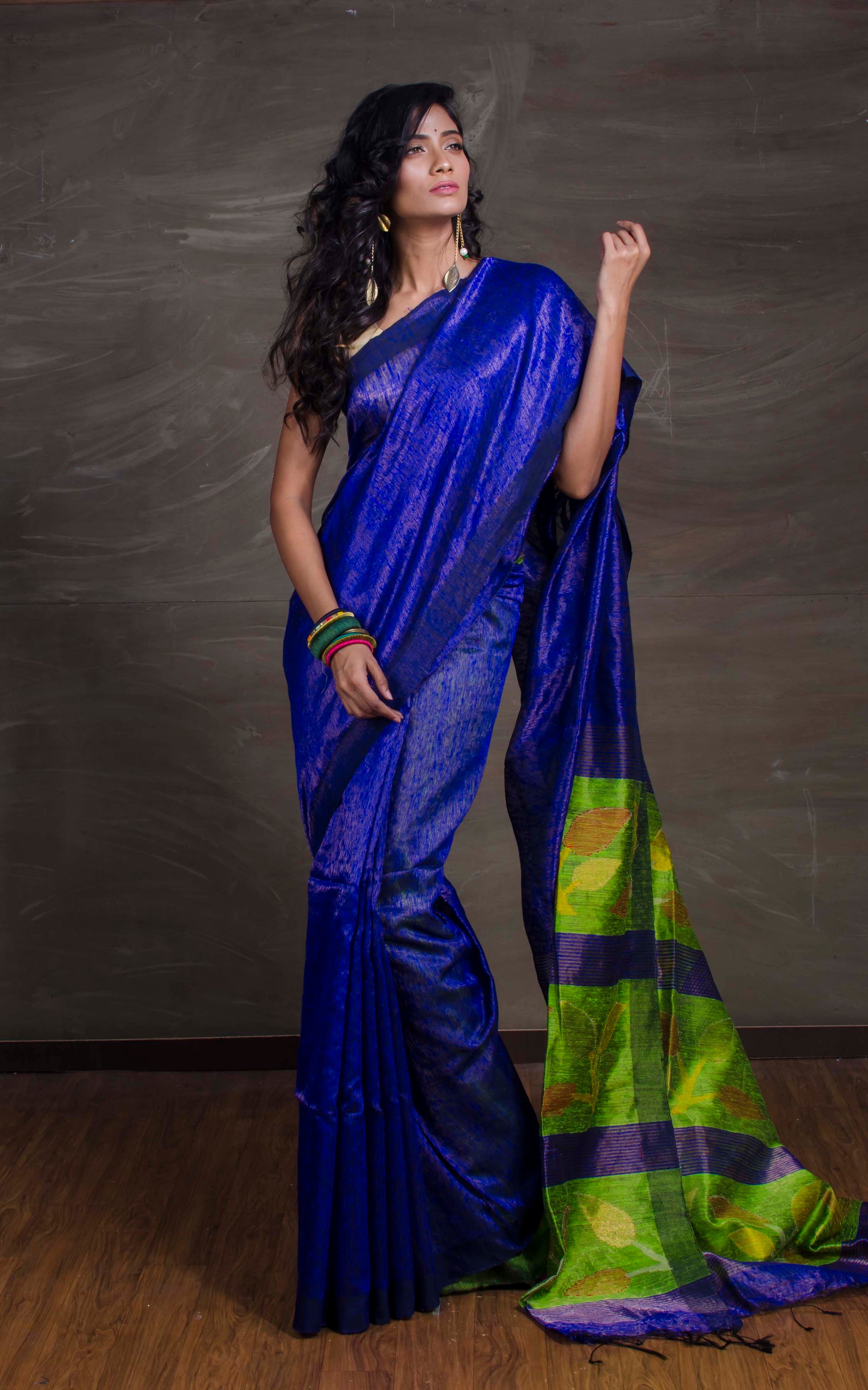 Exclusive Brocade Matka Tussar Silk Saree with Jamdani Pallu in Royal Blue and Green