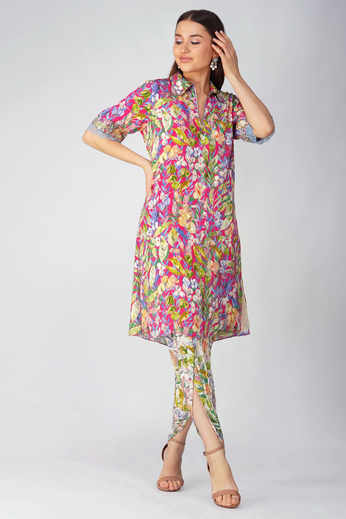 Rani Pink Multi Leaf Shirt Tunic Set