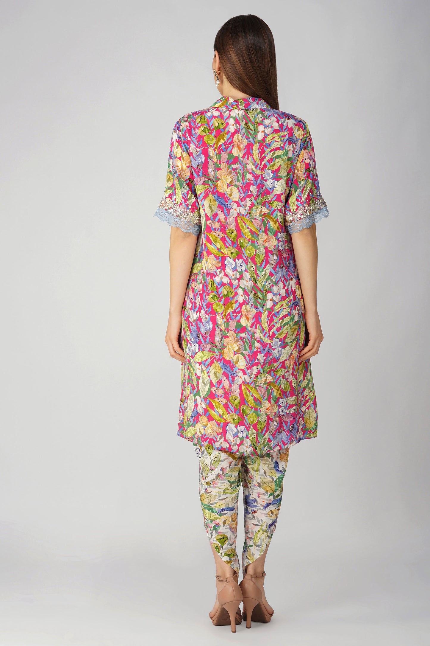 Rani Pink Multi Leaf Shirt Tunic Set