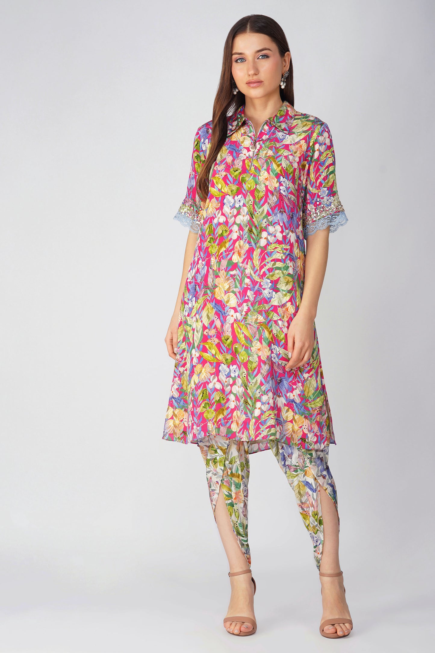 Rani Pink Multi Leaf Shirt Tunic Set