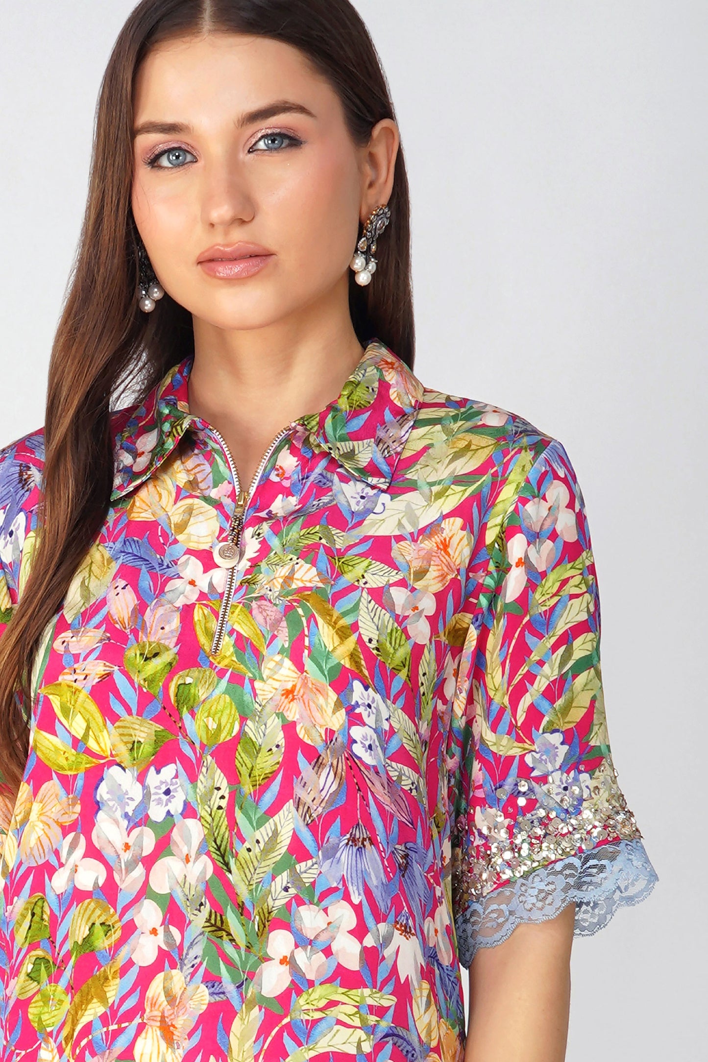 Rani Pink Multi Leaf Shirt Tunic Set