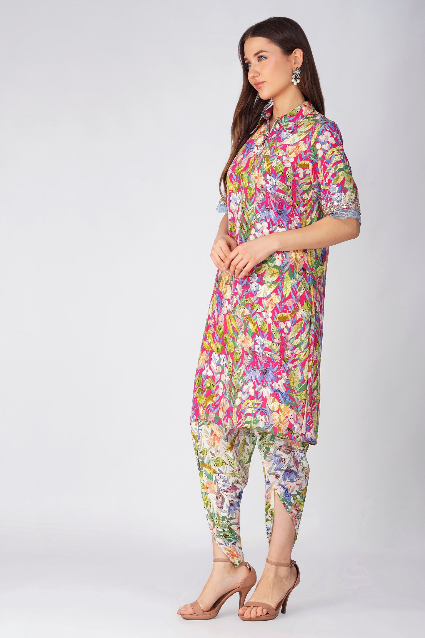 Rani Pink Multi Leaf Shirt Tunic Set