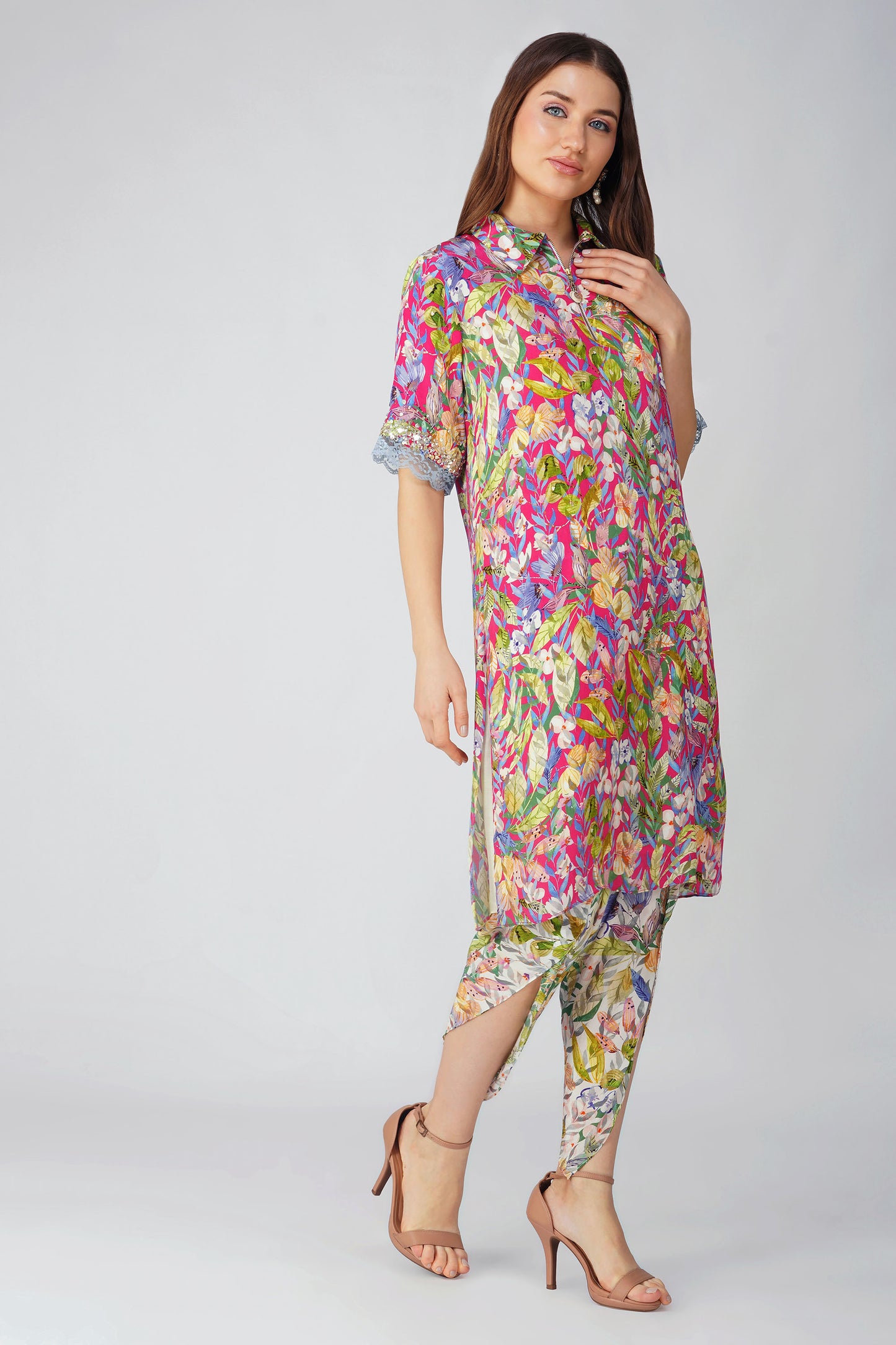 Rani Pink Multi Leaf Shirt Tunic Set