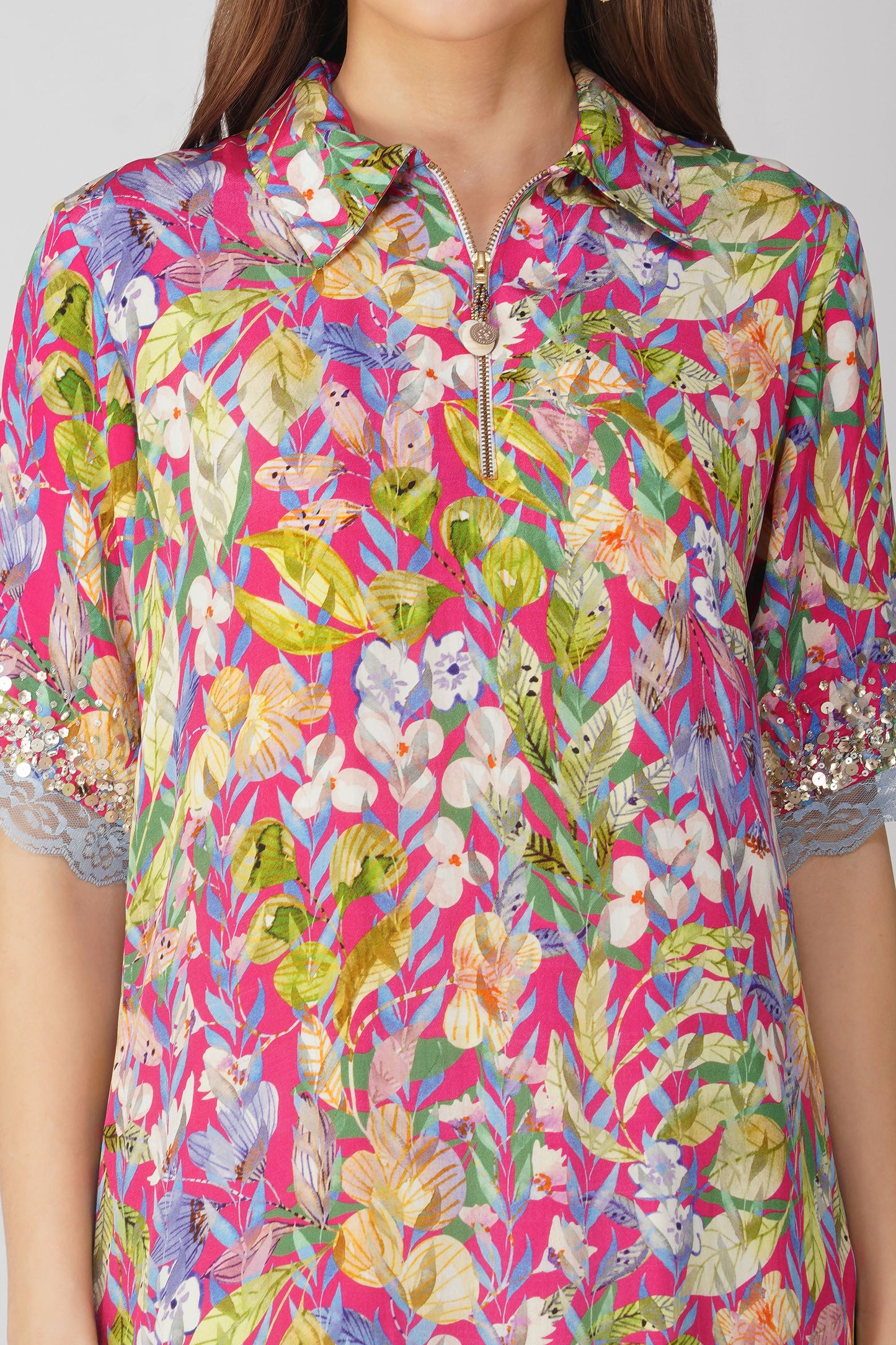 Rani Pink Multi Leaf Shirt Tunic Set