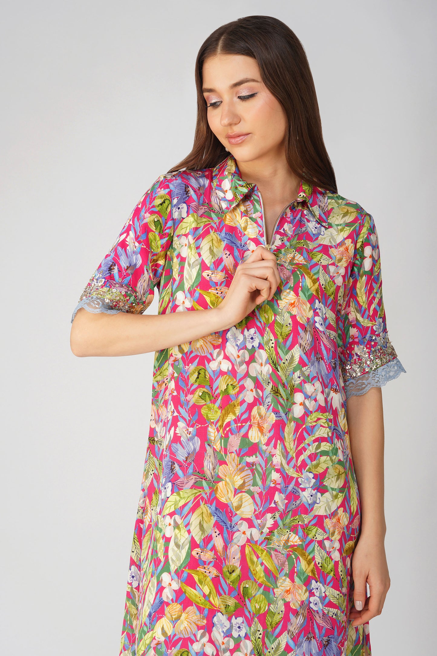 Rani Pink Multi Leaf Shirt Tunic Set