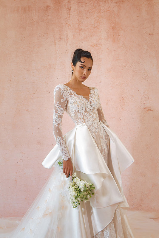 White Christian Wedding Skirt with Lace Embroidery Border