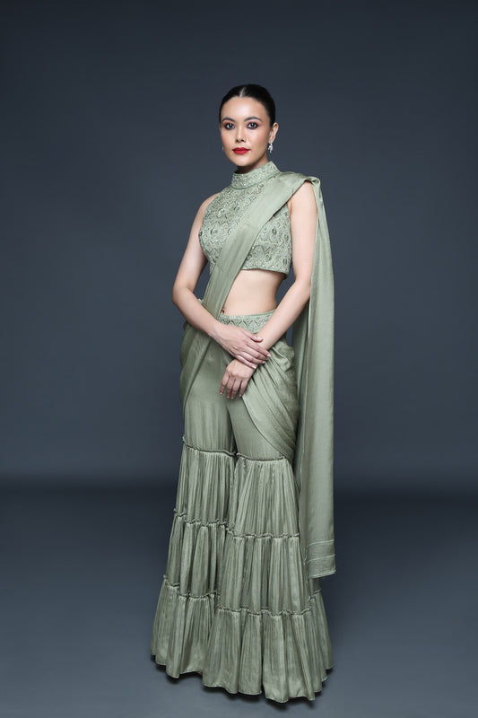 Moss Green Pre Drape Saree - Sanjeev Marwaaha