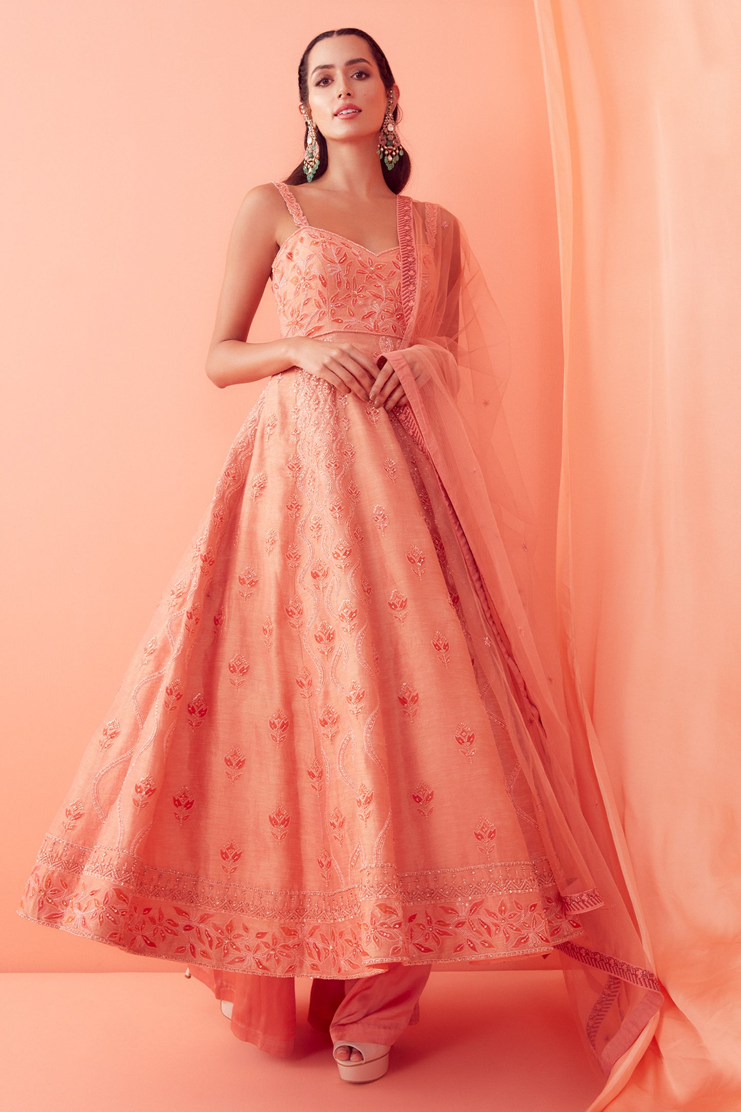 Peach Tonal Embroidered Anarkali Set - Aarambh