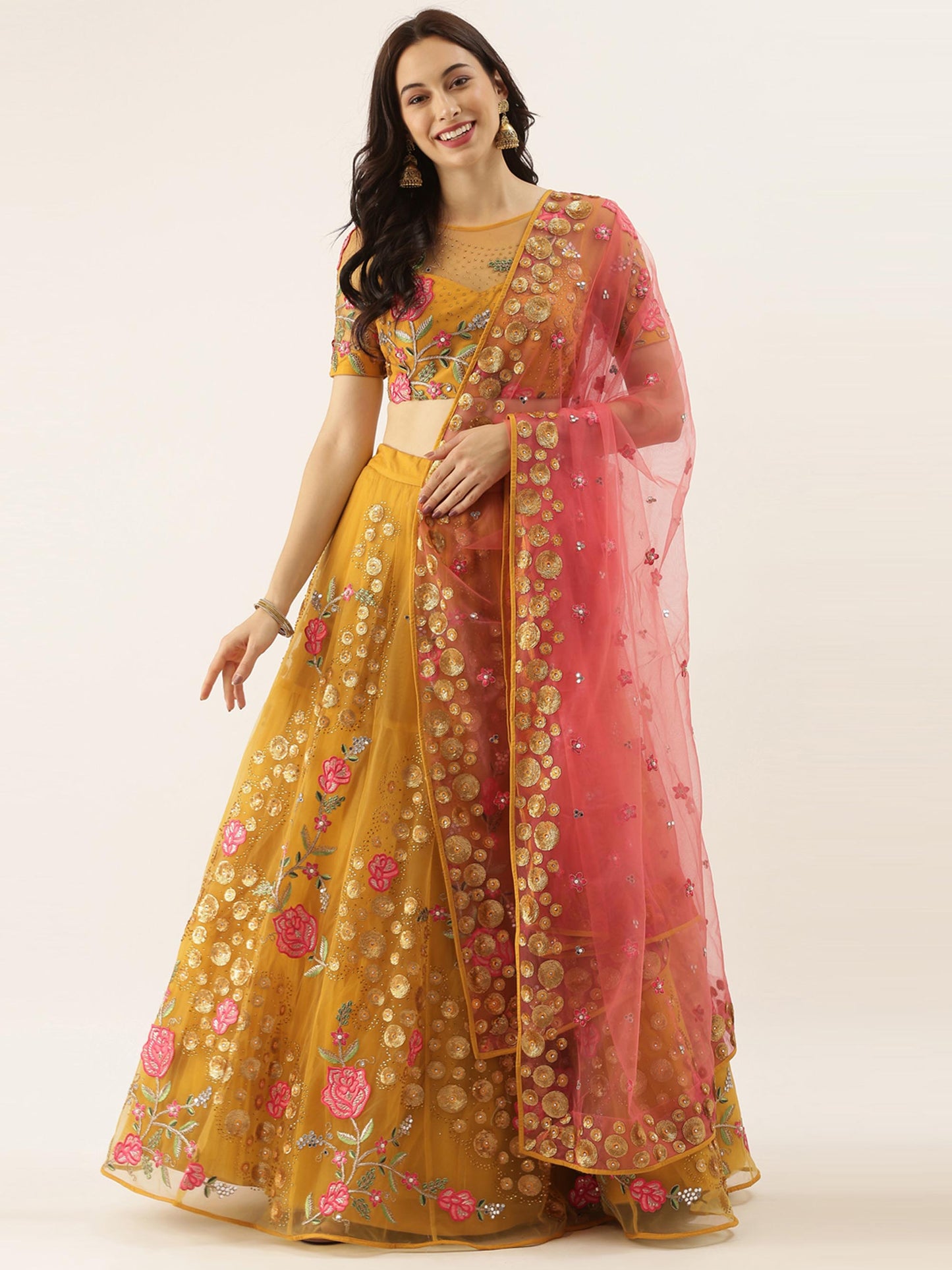 Mustard Net Semi stitched Coding, Sequins & Saroski Stone Work Lehenga Choli