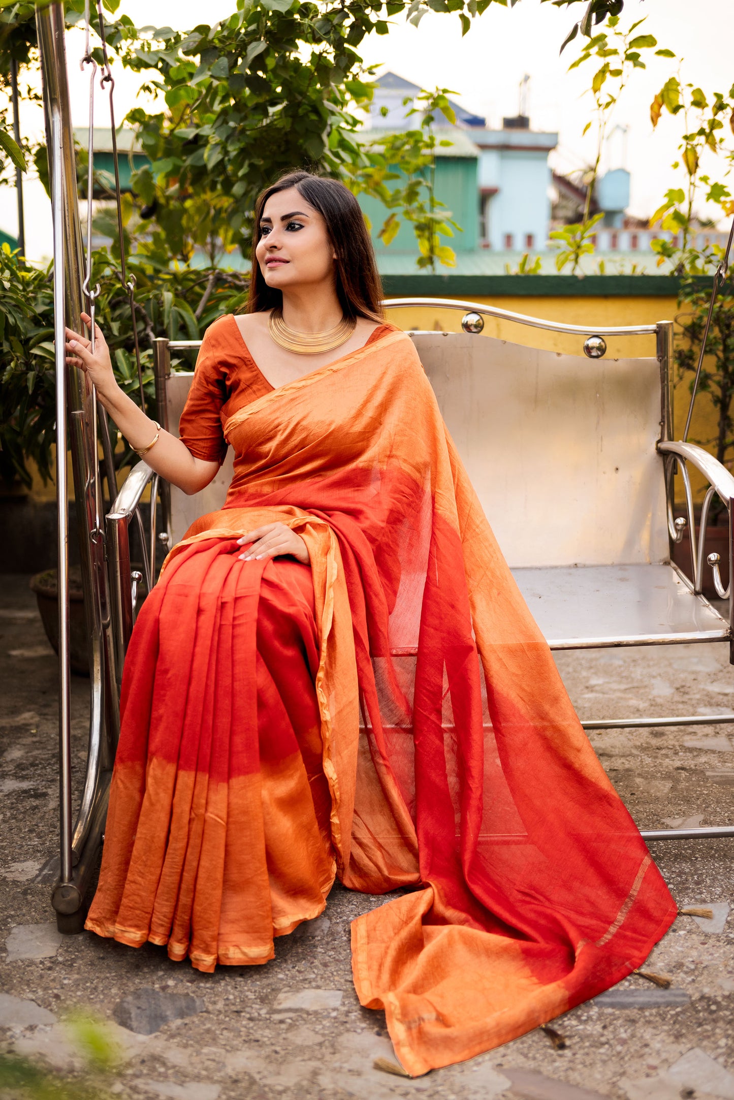 Red and Orange ombre chanderi silk saree