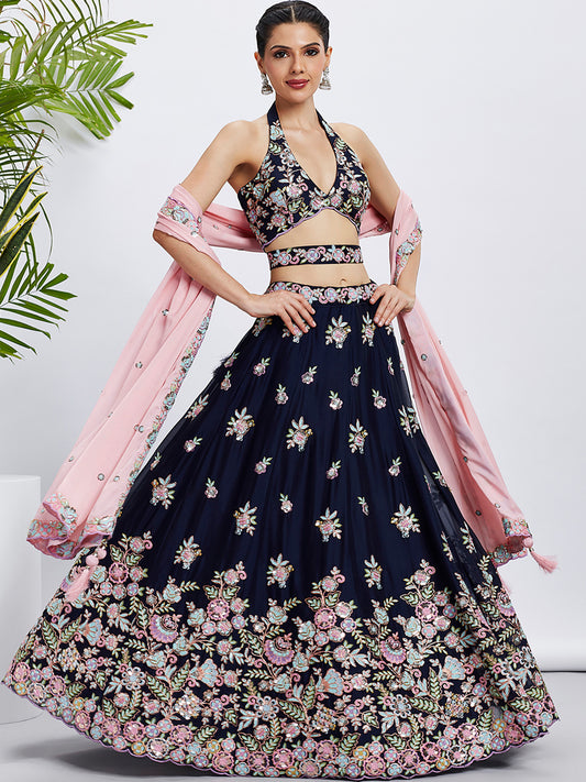 Navy blue Pure Georgette Sequins and thread embroidery Lehenga choli