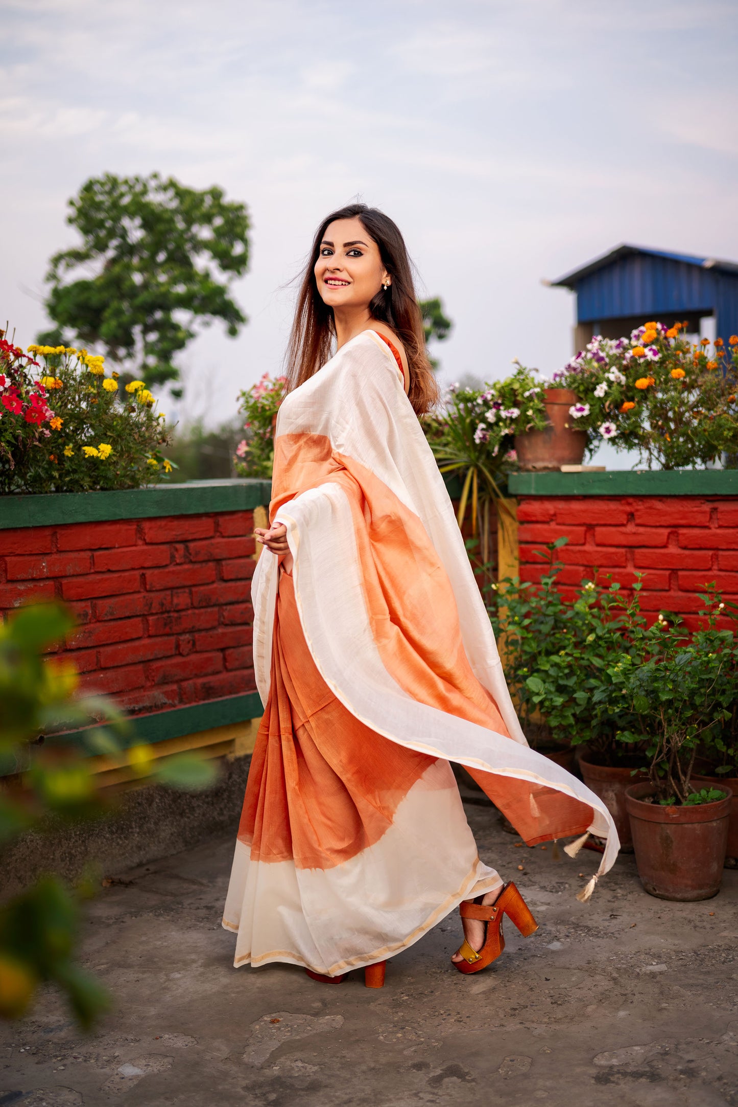 Brown and White ombre chanderi silk saree