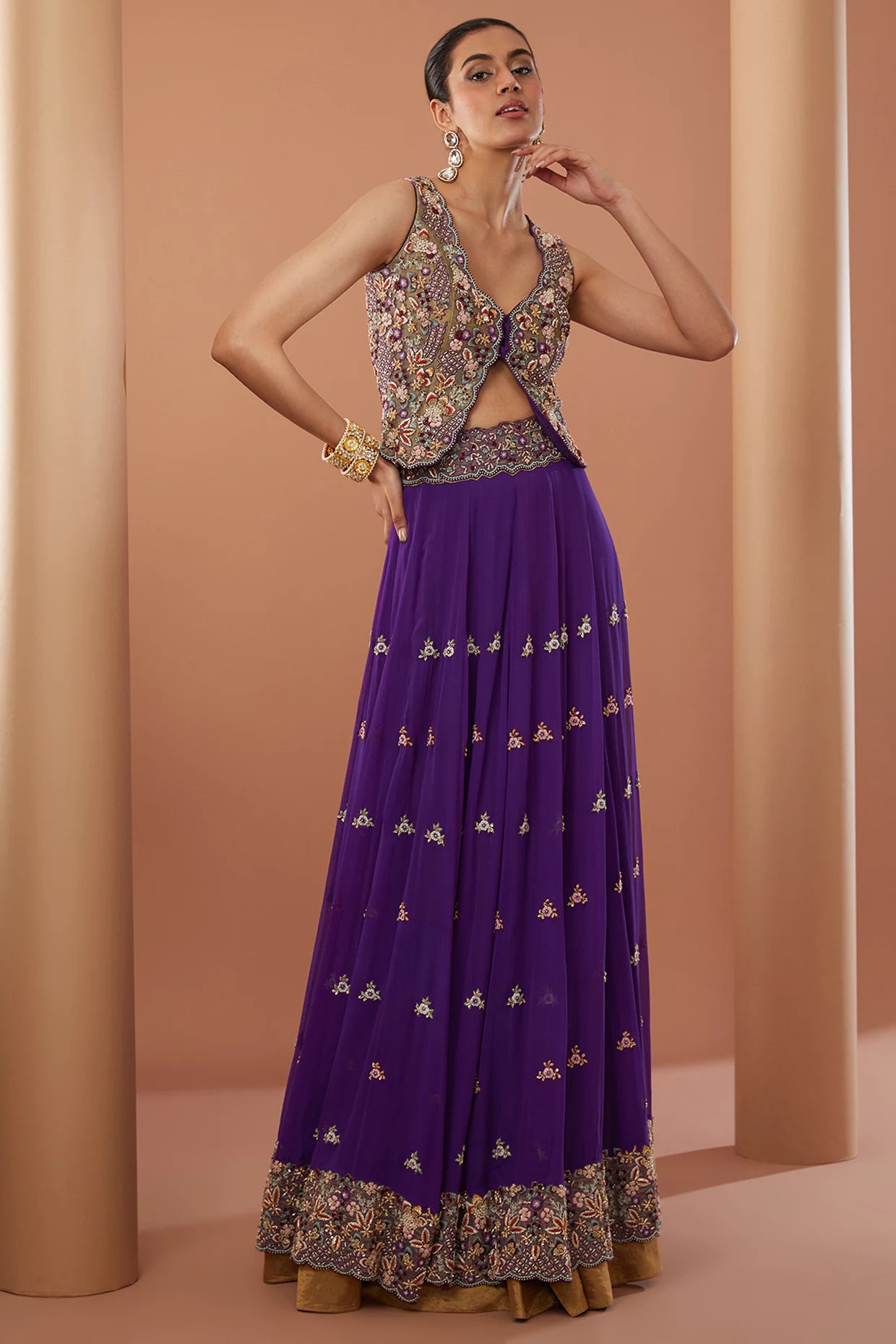 Purple Silk Georgette Zardosi Hand Embroidered Lehenga Set