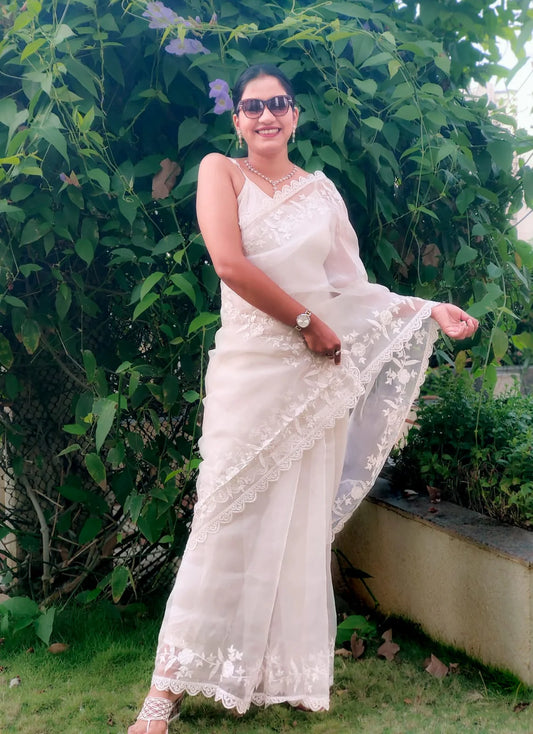 Ootd White Organza Handloom saree