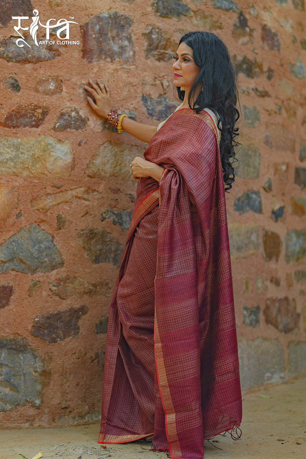 Handloom Maroon Bhagalpur Silk Saree With Gold Zari Checks