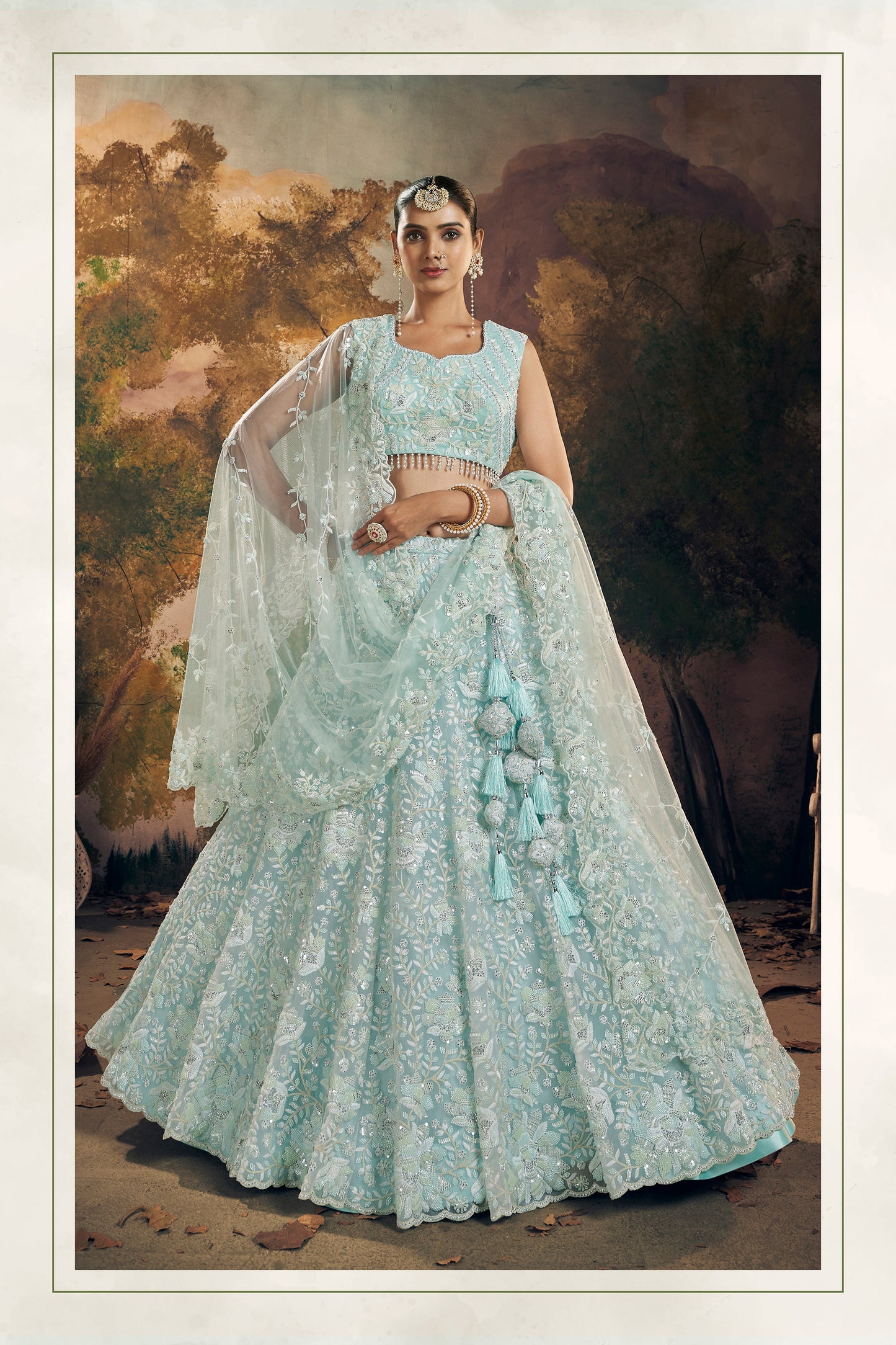 Sky Blue  Beads Work Georgette Lehenga