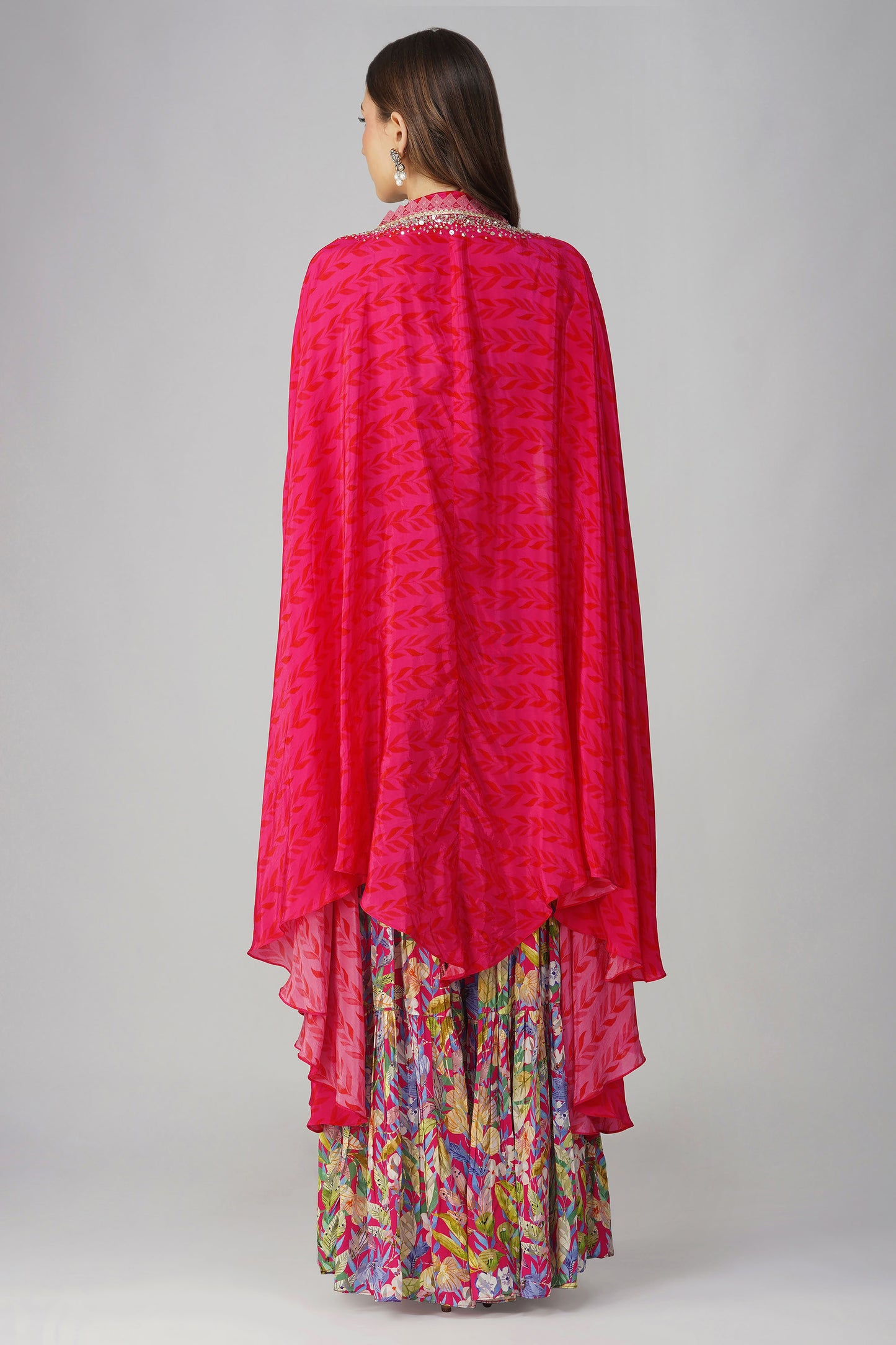 Rani Pink Multi Leaf Print Cape Set