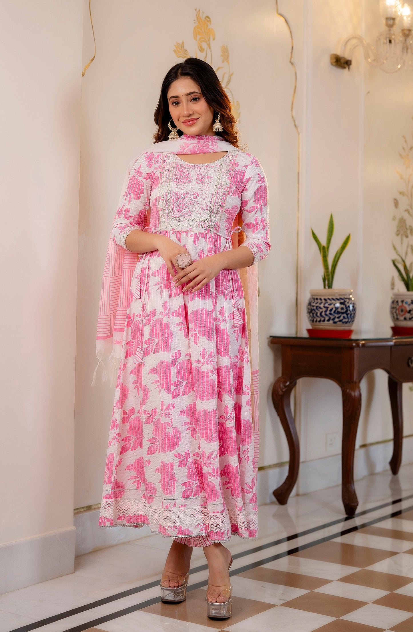 Rosy Women Pink And White Printed Viscose Rayon Kurta, Pant And Dupatta Set