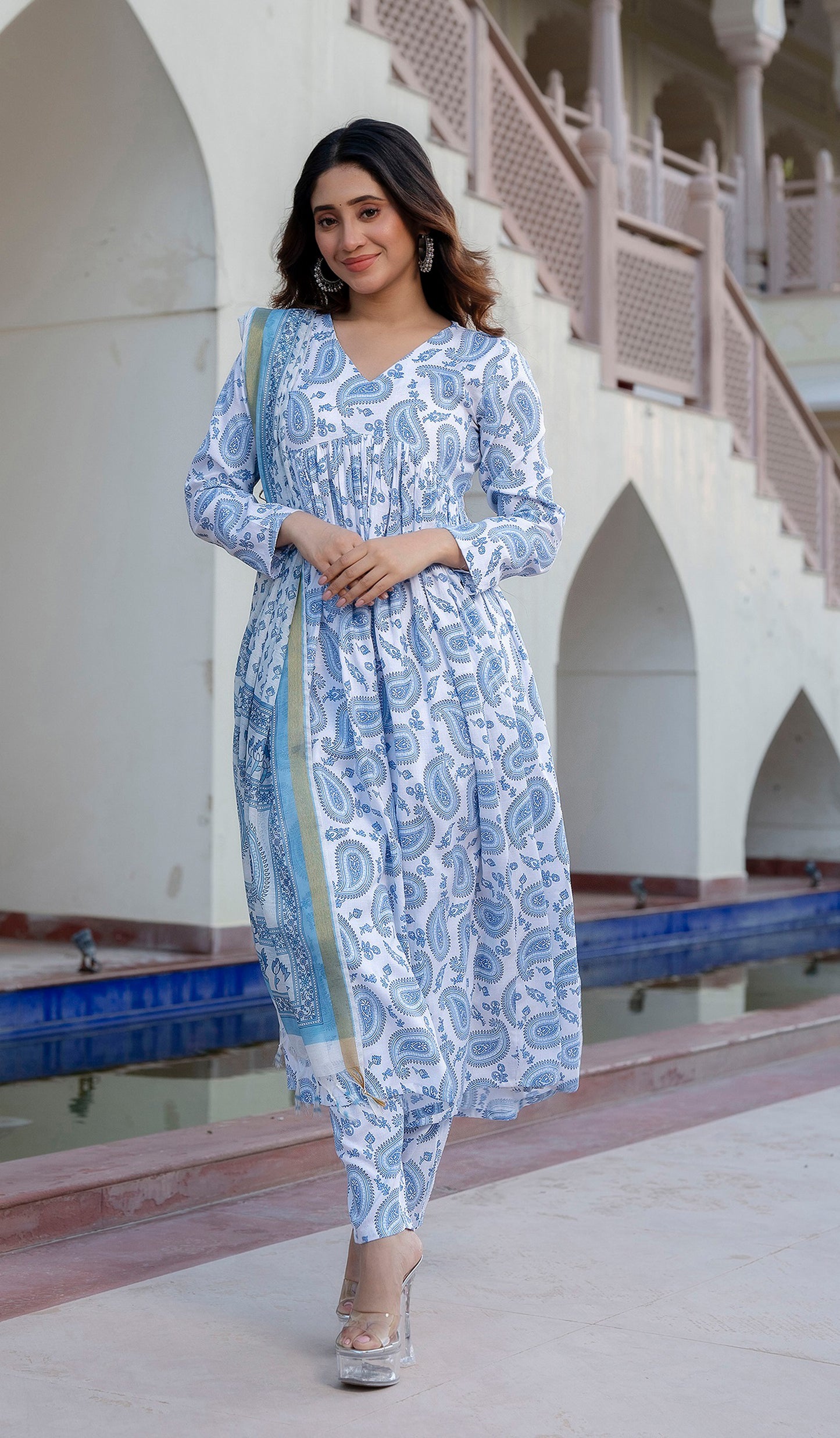 Pallavi Women Sky Blue Printed Viscose Rayon Kurta, Pant And Dupatta Set