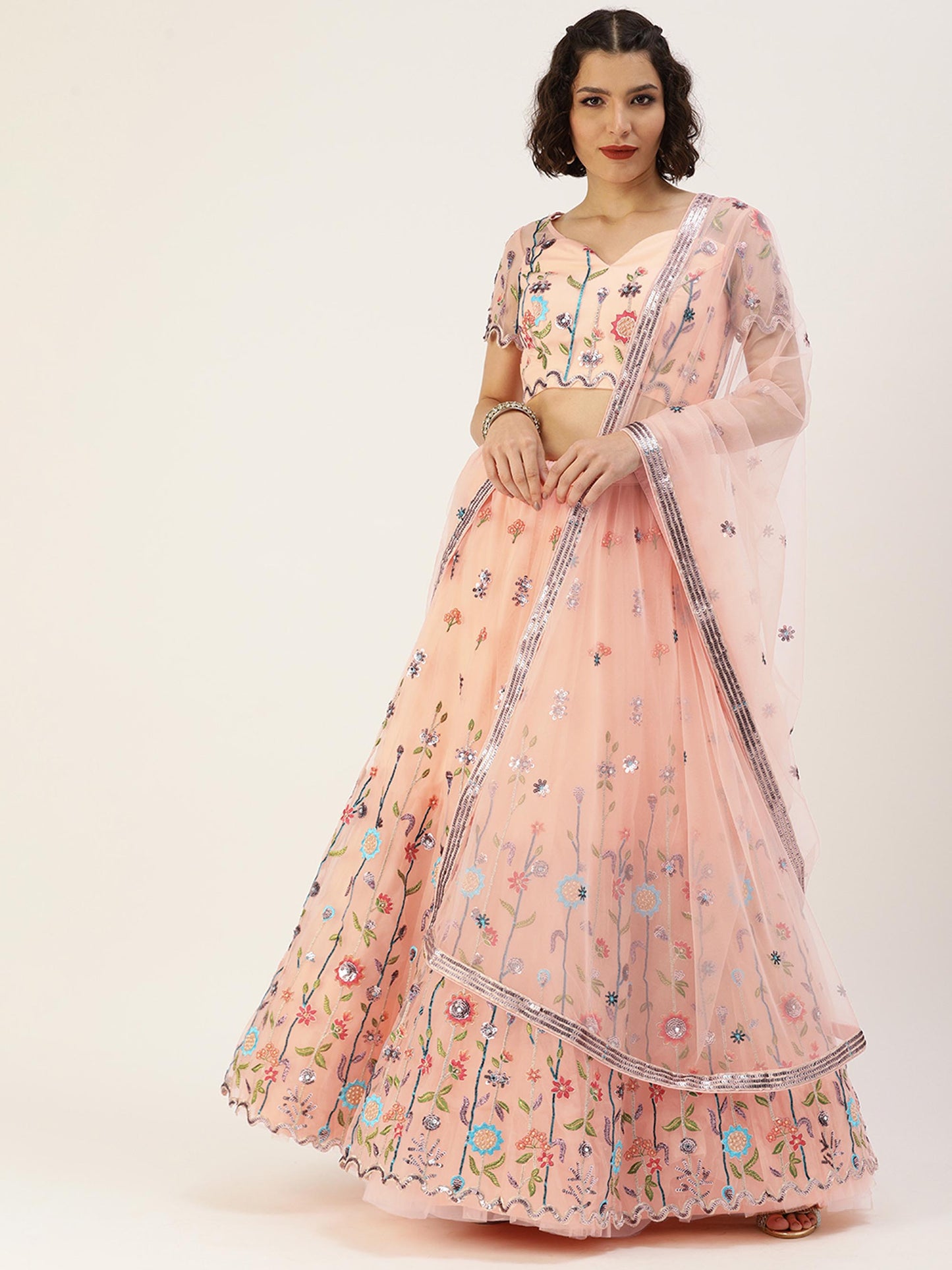 Women Peach Net Sequinse Embroidered Semi-Stitched Lehenga & Blouse with Dupatta