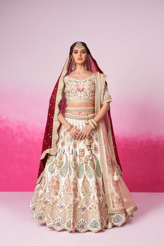 Cream Pure silk Moti, Sequins embroidery Bridal Lehenga choli