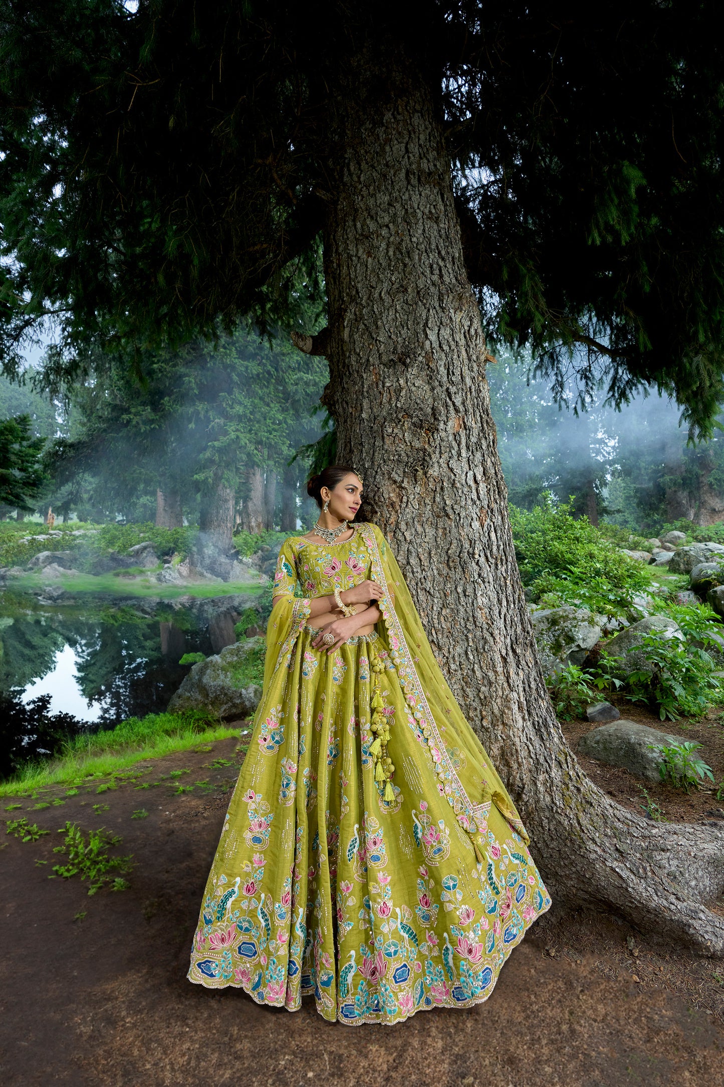 Lime Green Viscose Hand Embroidered Royal Bridal Lehenga