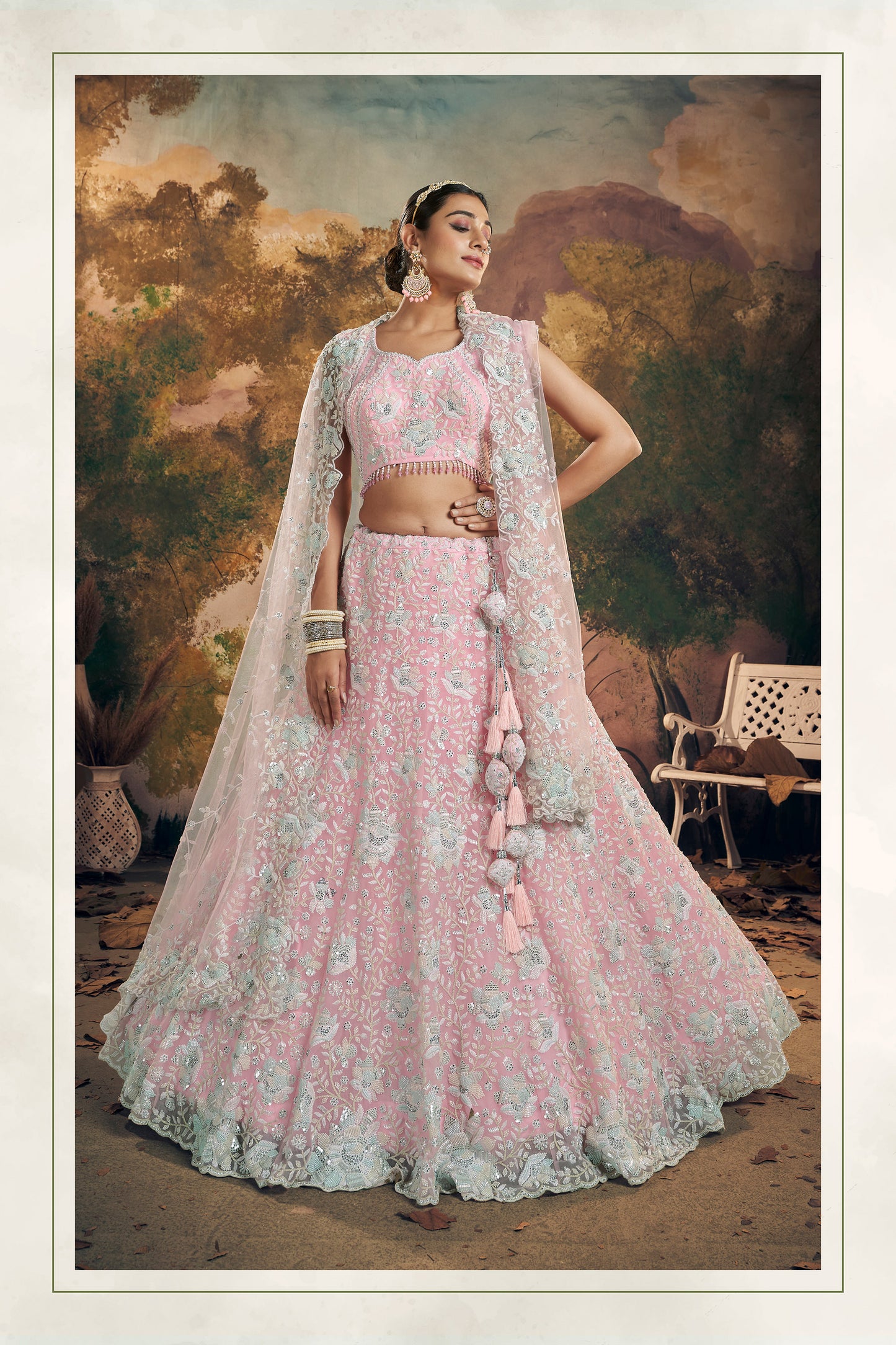 Pink Floral Embroidery and Beads Work Georgette Lehenga