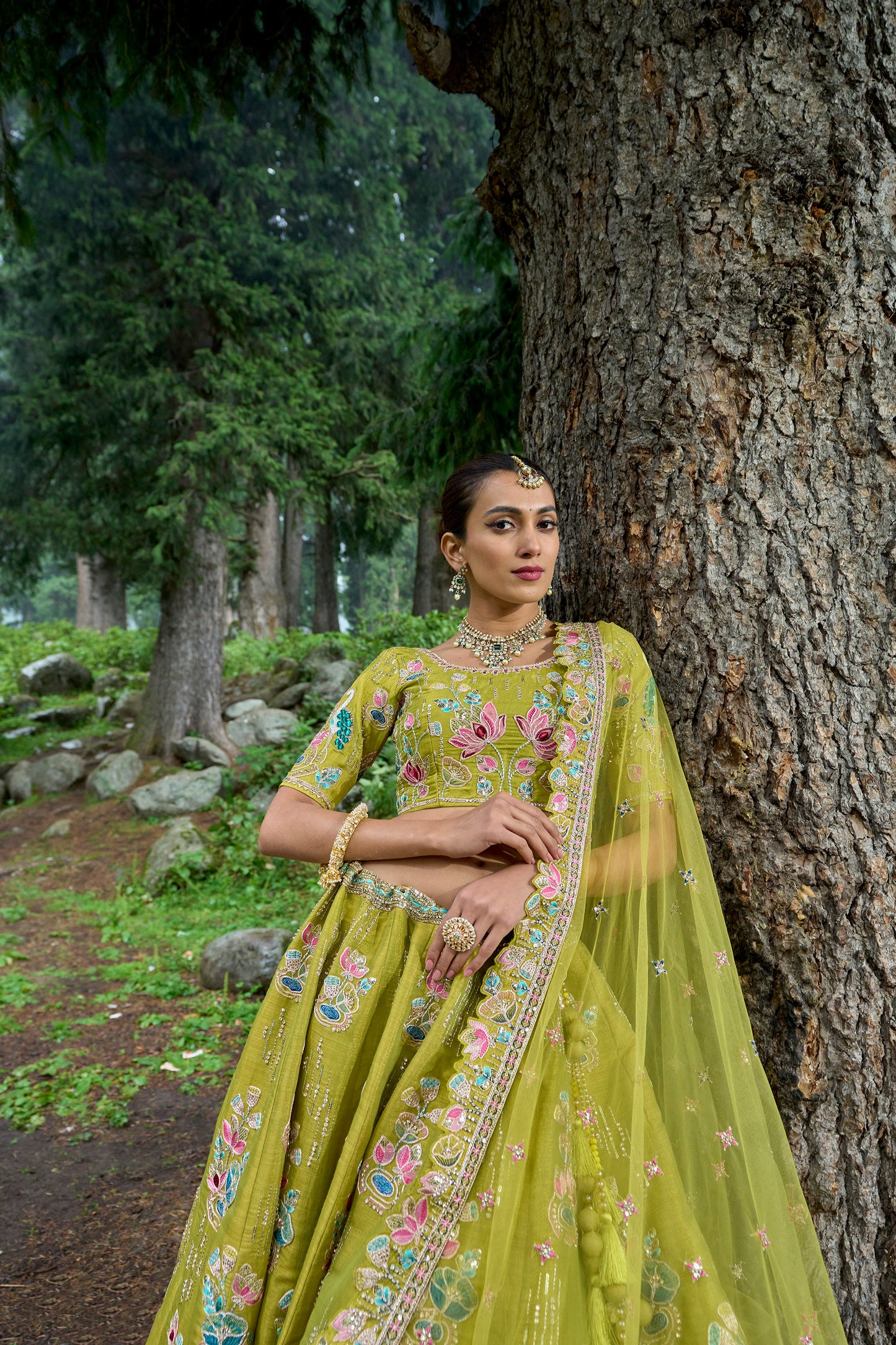 Lime Green Viscose Hand Embroidered Royal Bridal Lehenga