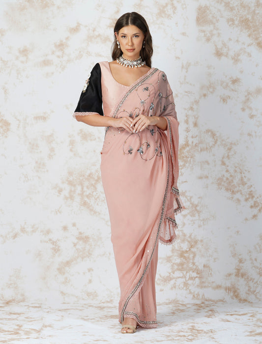 Antique Work Natural Pink Saree With Contrast Blouse